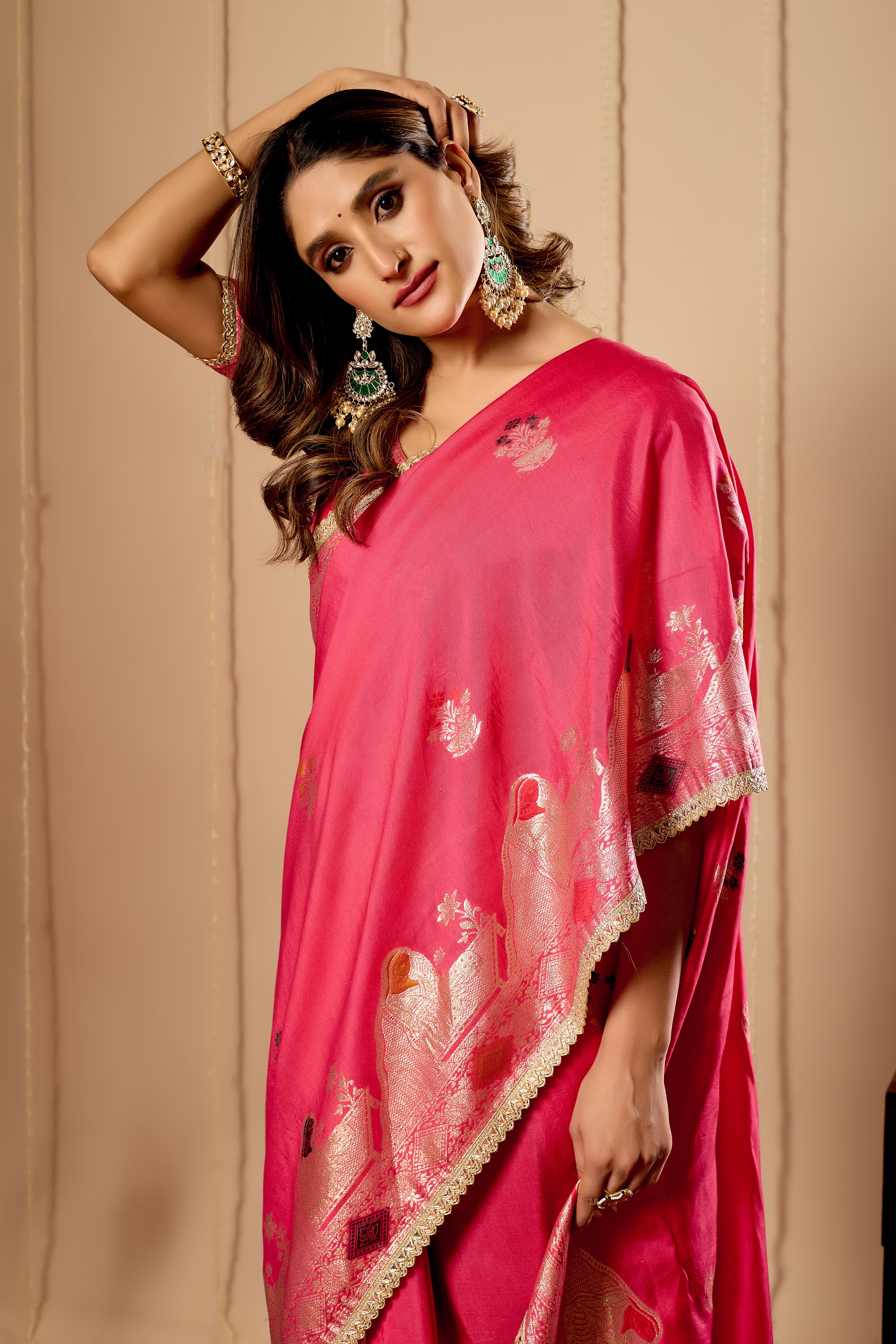 Rose Pink Banarasi Silk Saree | Gold Zari & Blouse Piece