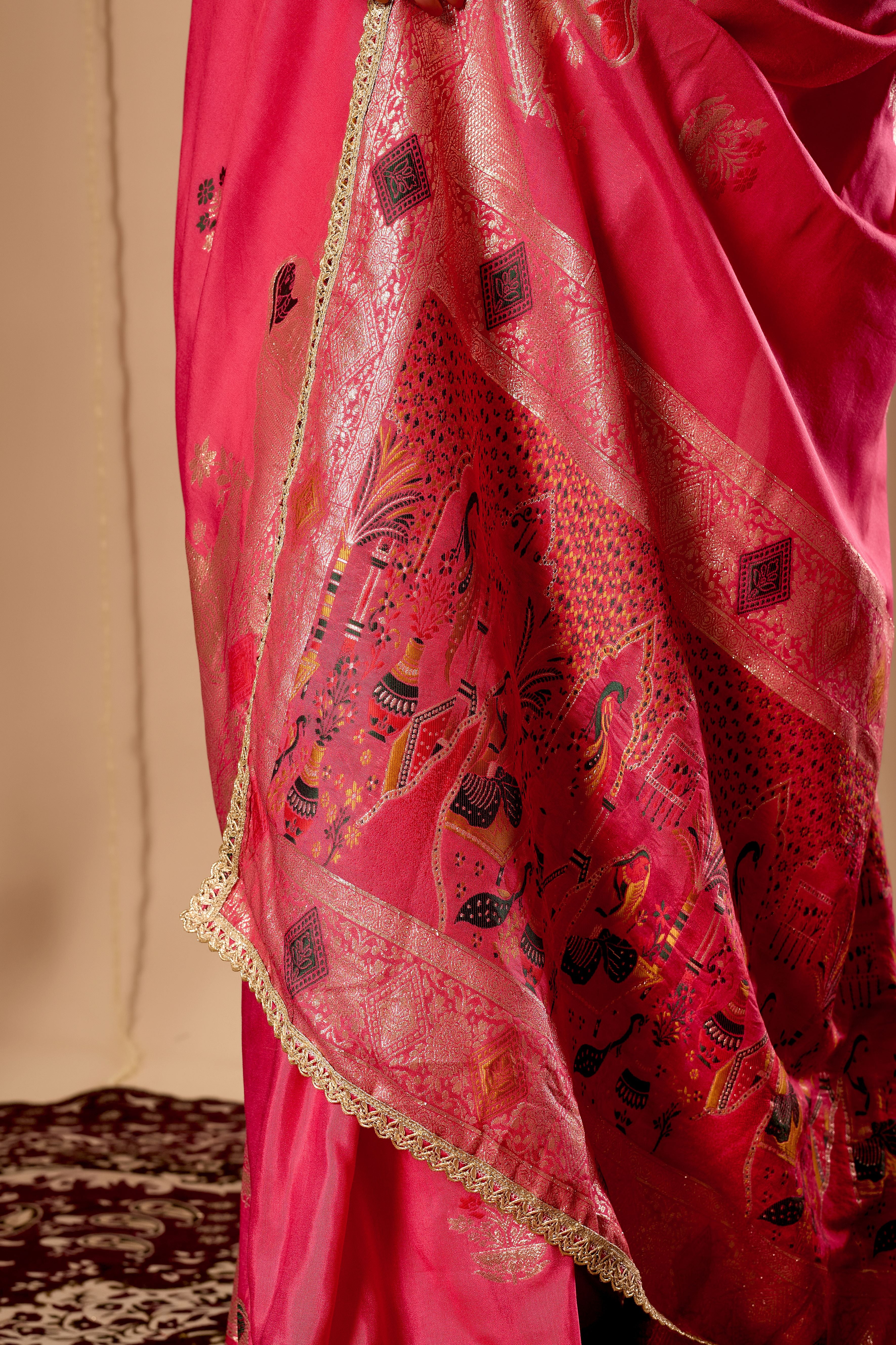 Rose Pink Banarasi Silk Saree | Gold Zari & Blouse Piece