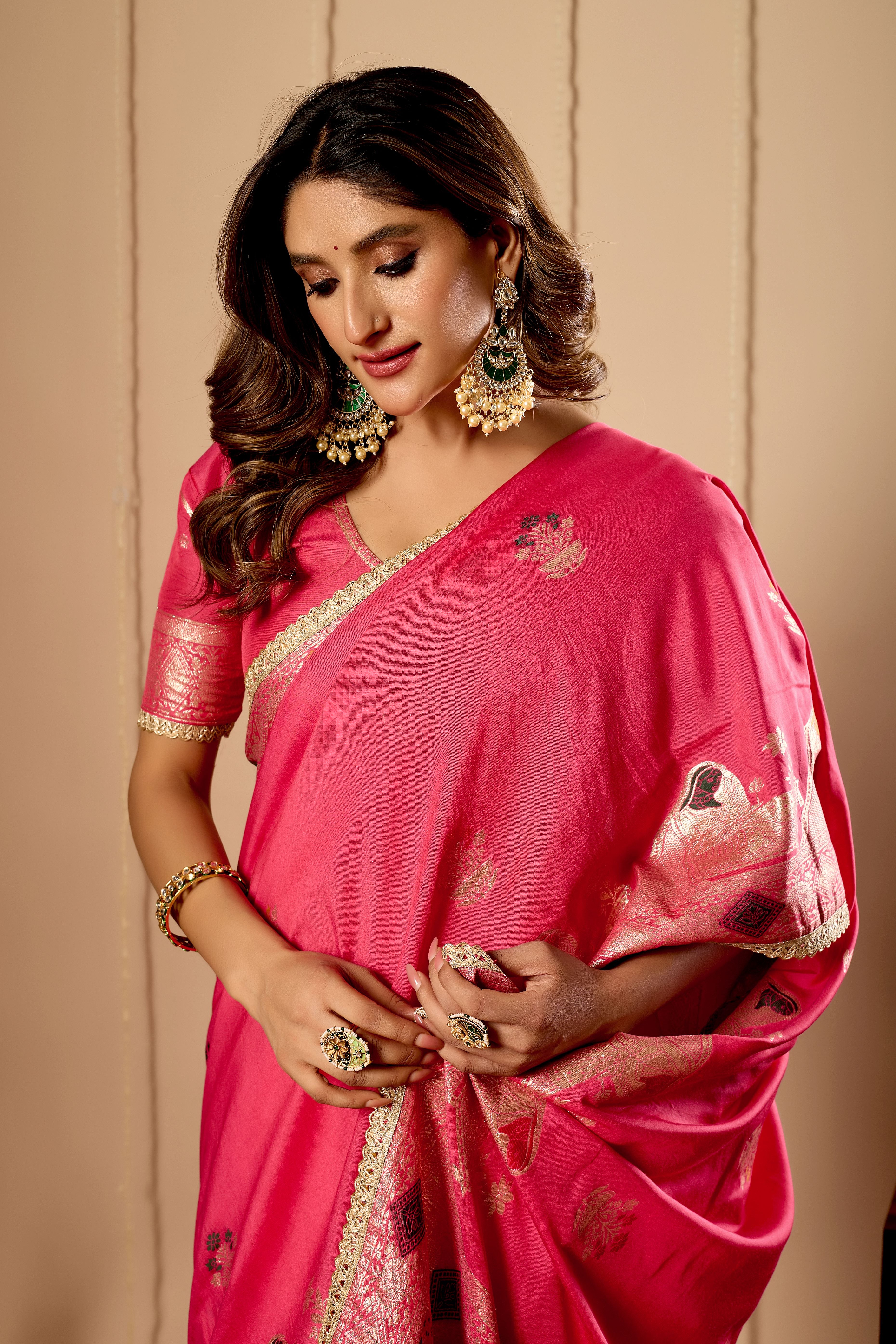 Rose Pink Banarasi Silk Saree | Gold Zari & Blouse Piece