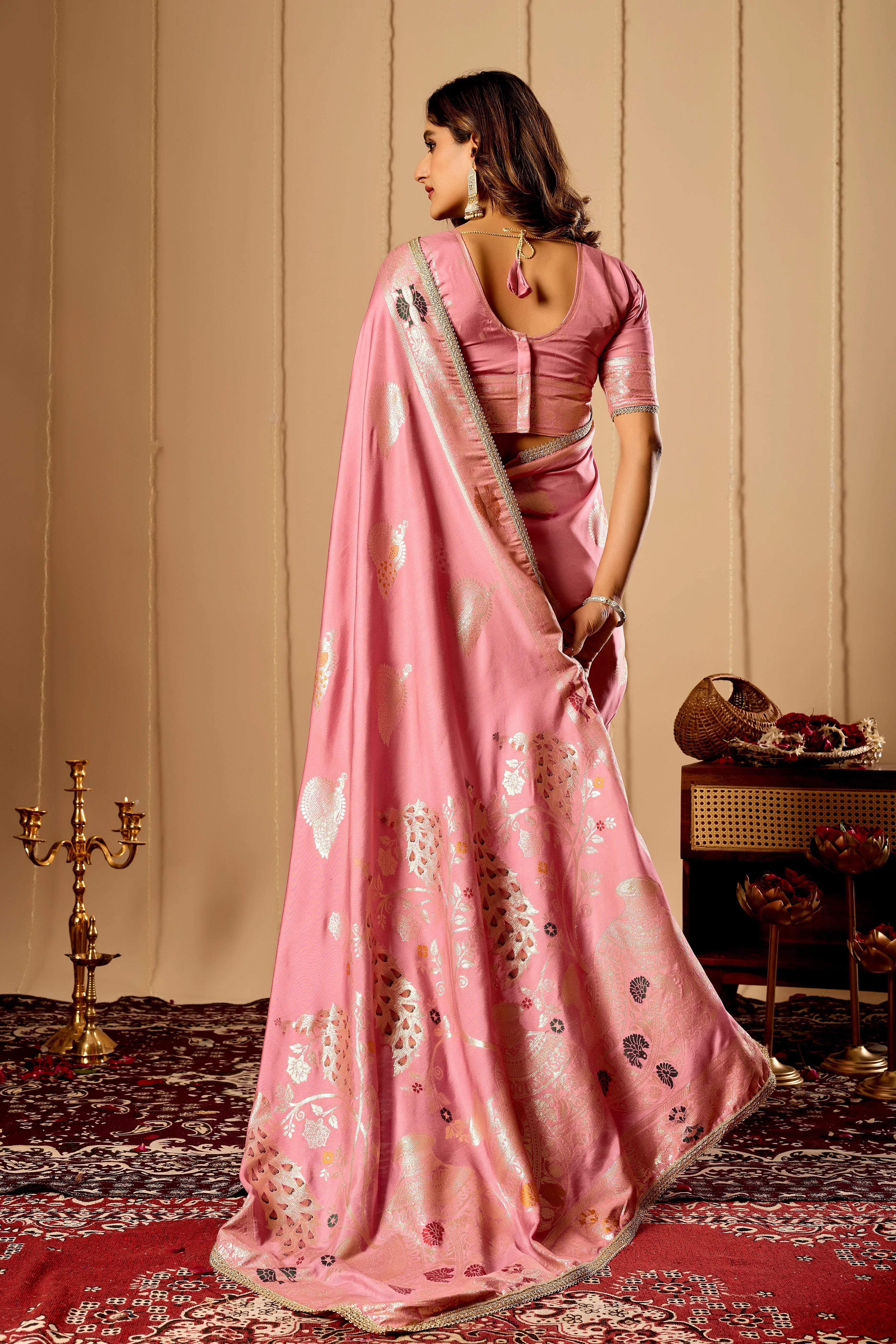 Soft Blush Pink Banarasi Silk Saree | Gold Zari & Blouse
