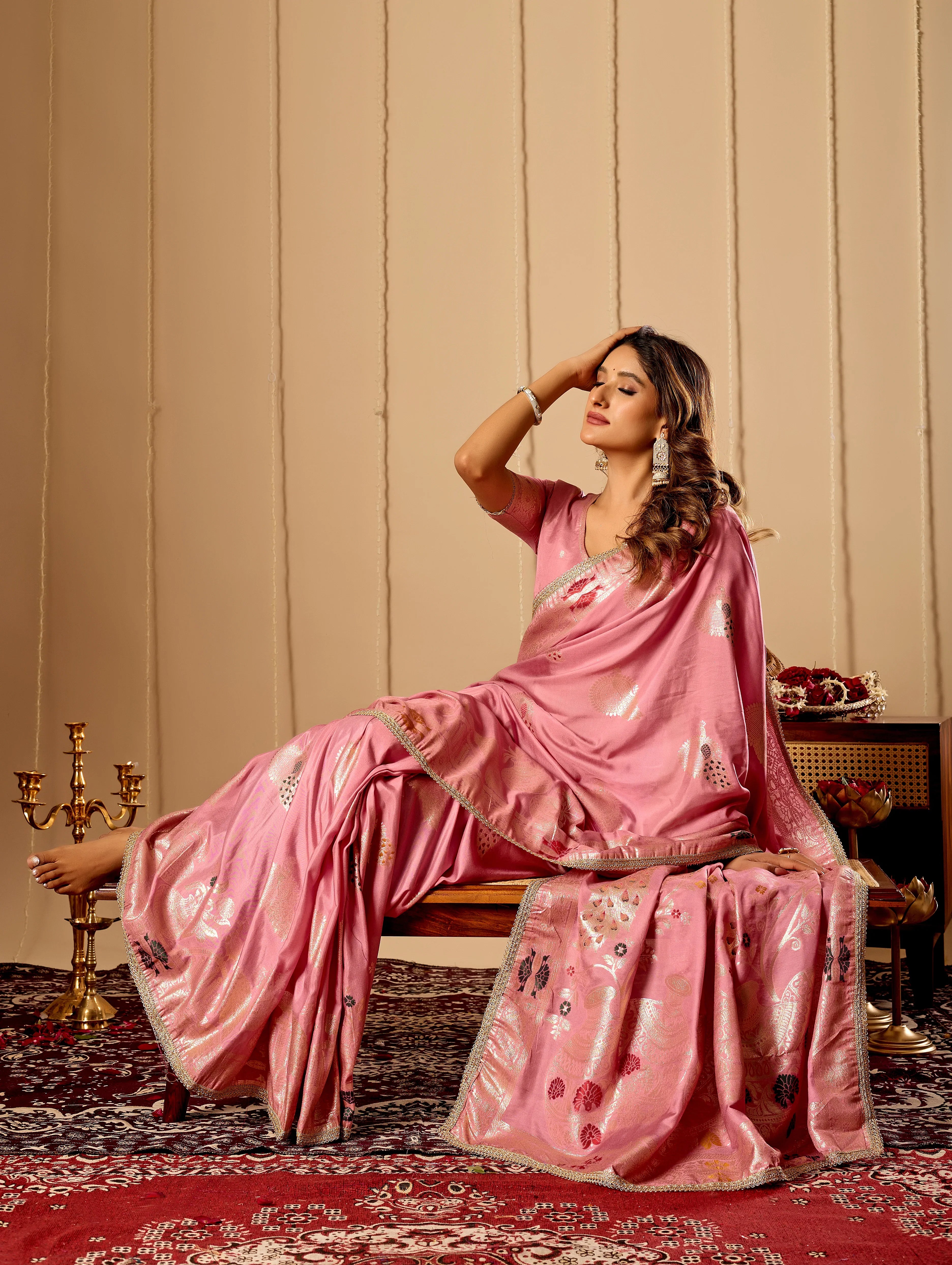 Soft Blush Pink Banarasi Silk Saree | Gold Zari & Blouse
