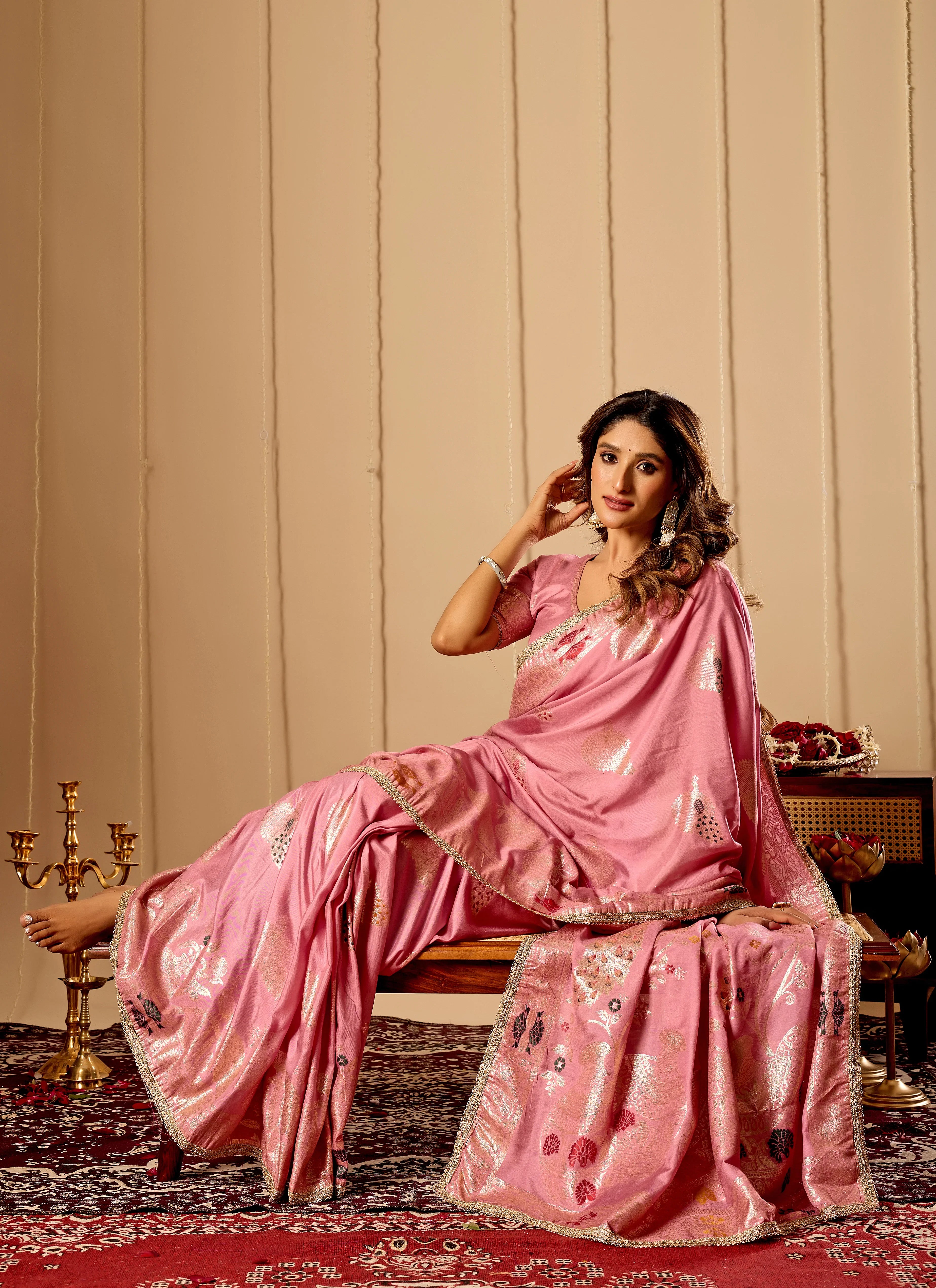 Soft Blush Pink Banarasi Silk Saree | Gold Zari & Blouse