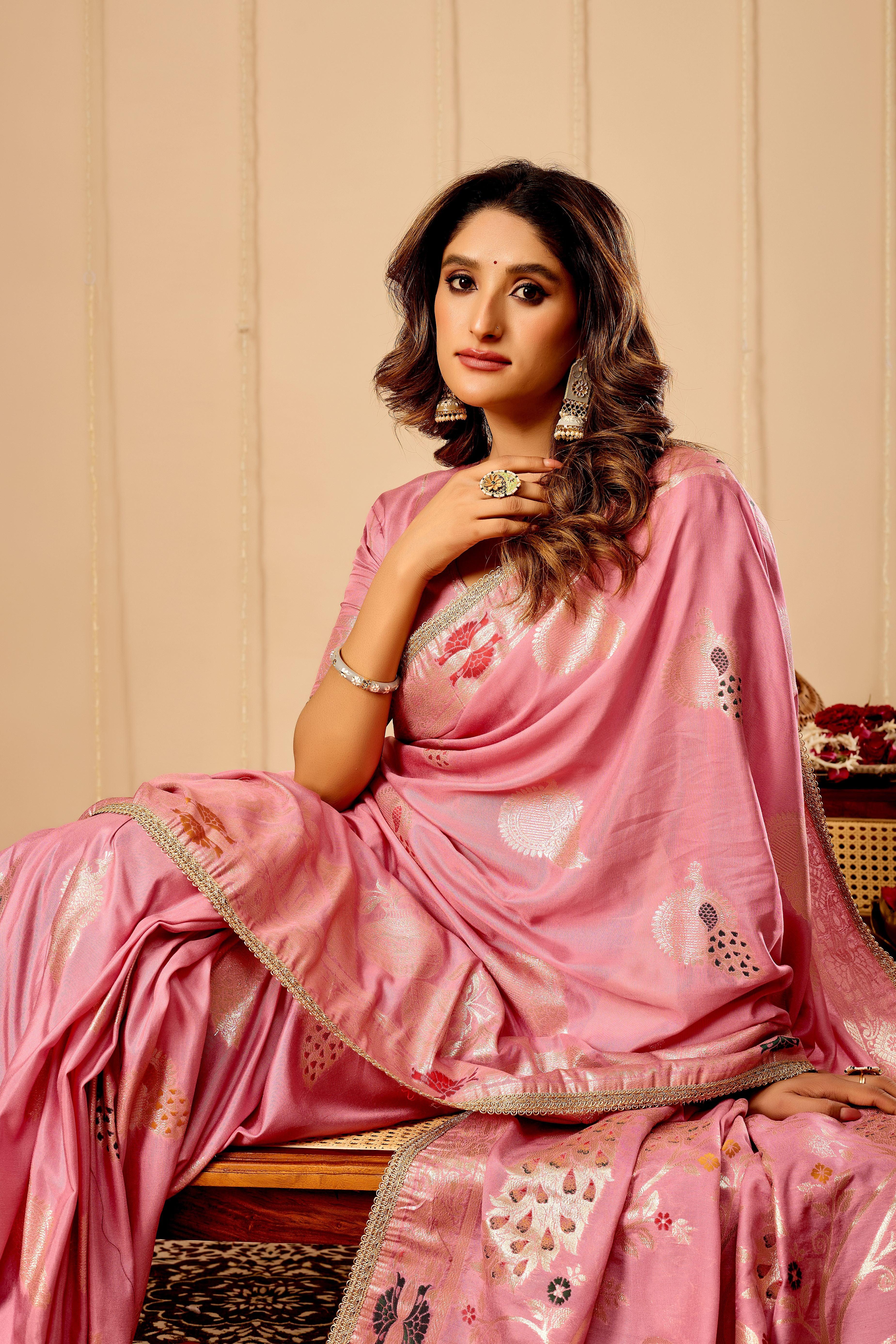Soft Blush Pink Banarasi Silk Saree | Gold Zari & Blouse