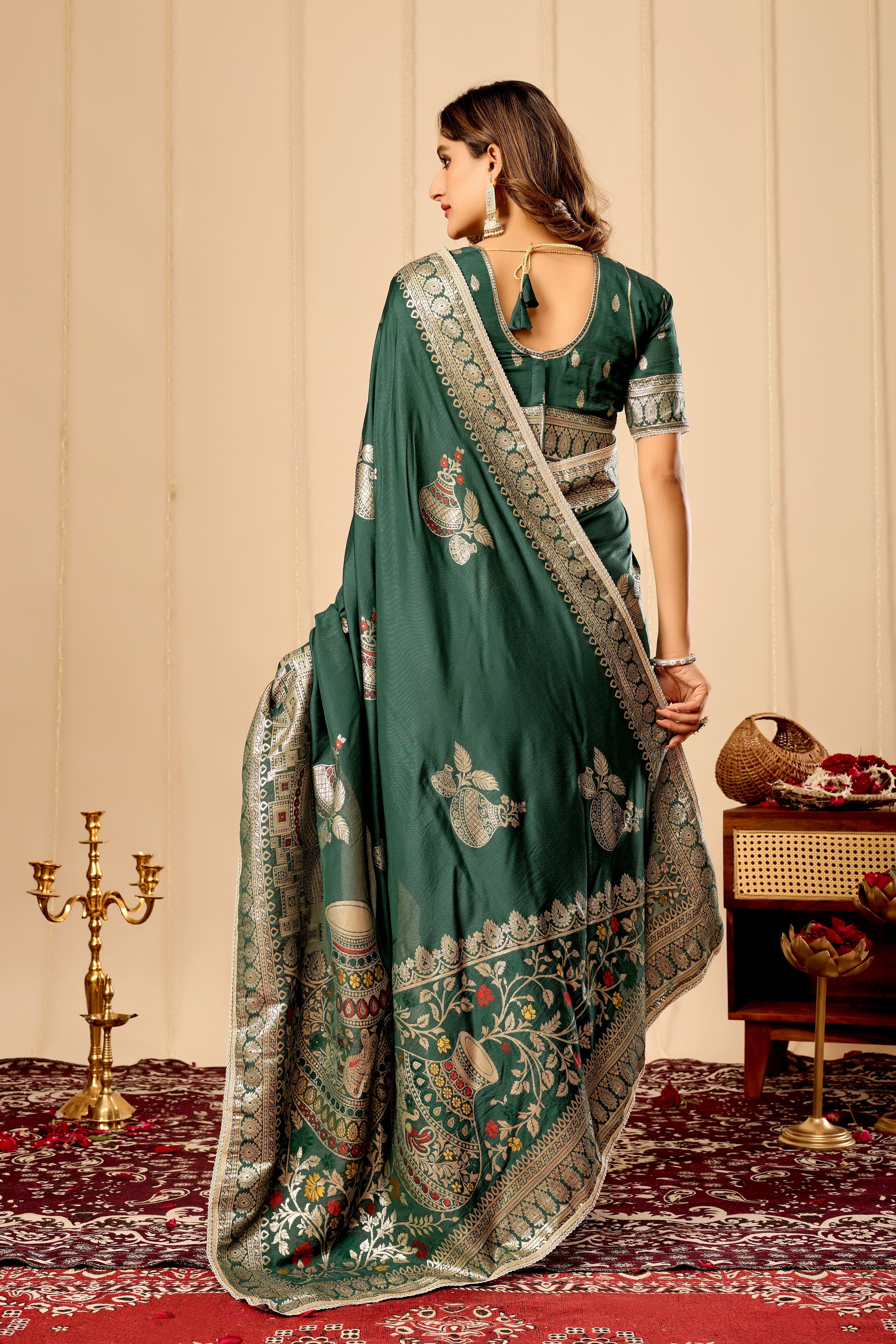 Emerald Green Silk Saree with Antique Gold Zari Work
