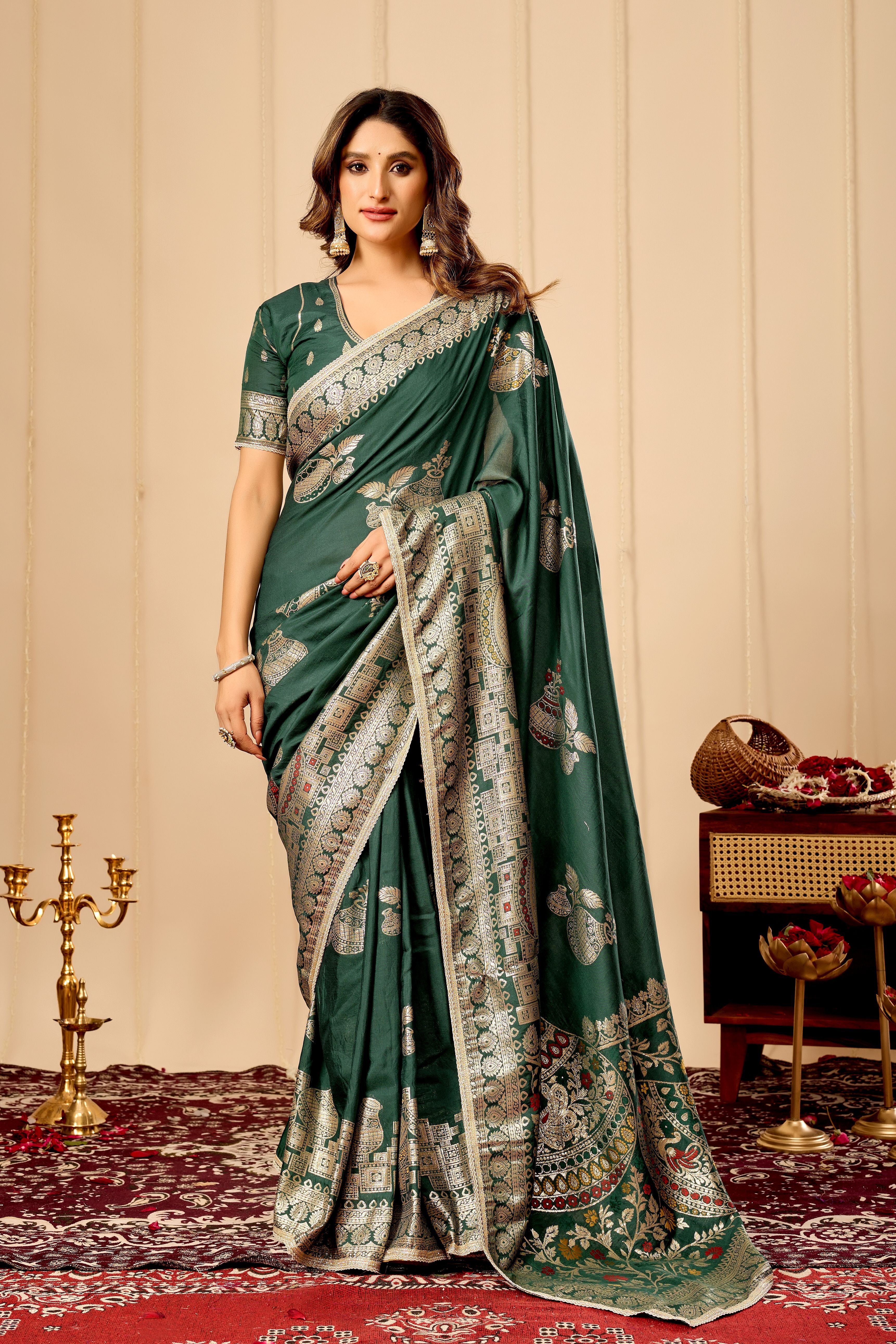 Emerald Green Silk Saree with Antique Gold Zari Work