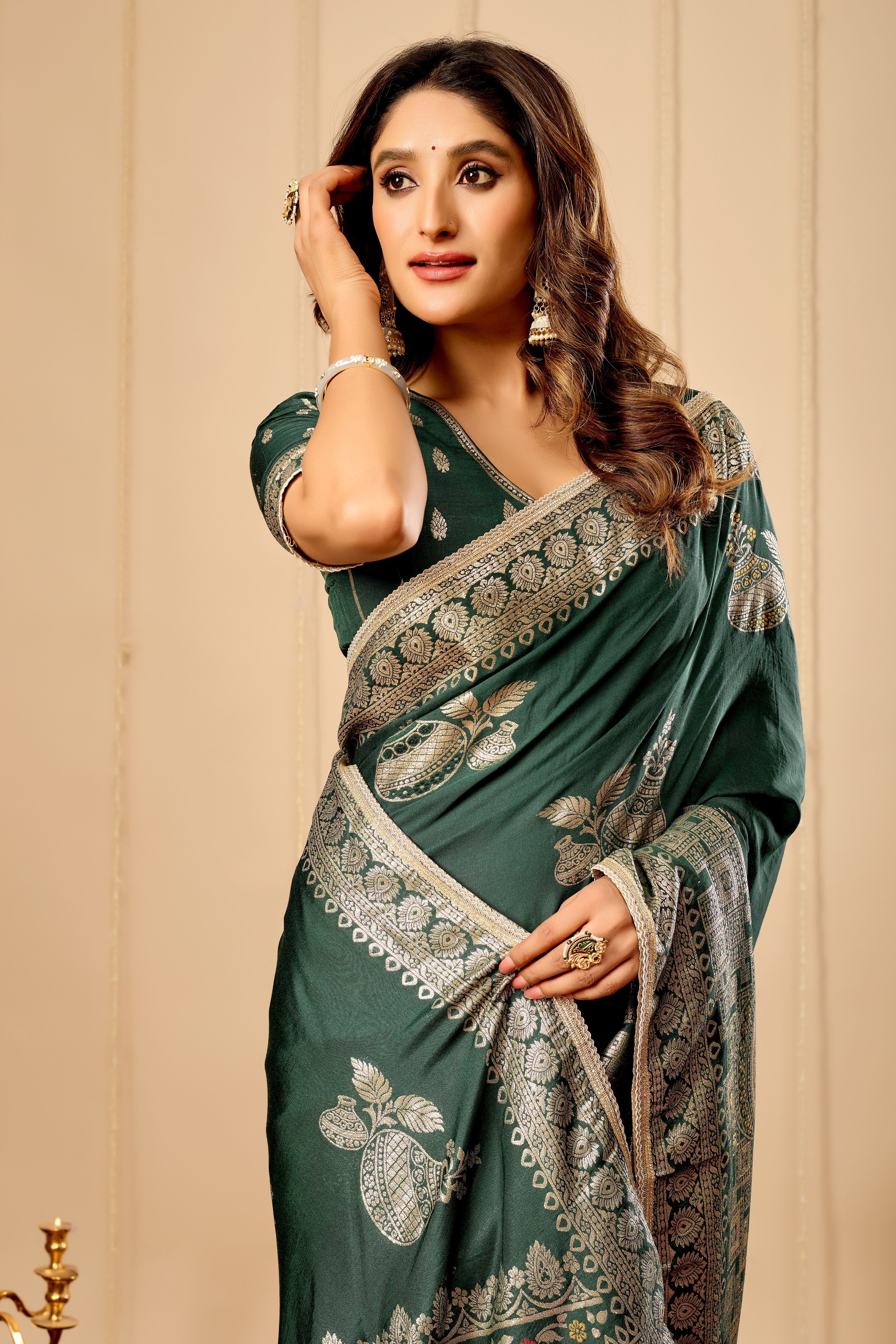 Emerald Green Silk Saree with Antique Gold Zari Work