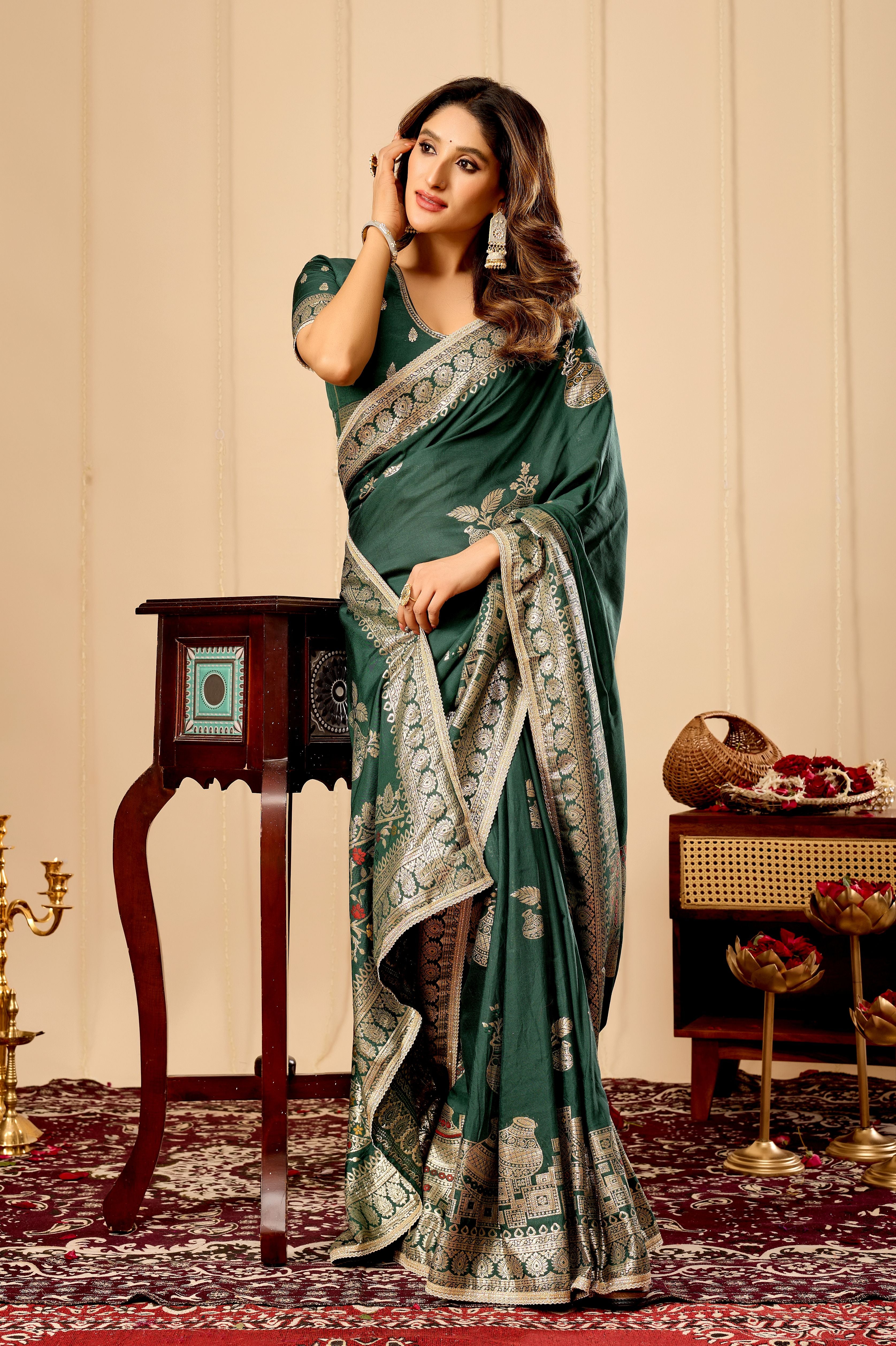 Emerald Green Silk Saree with Antique Gold Zari Work