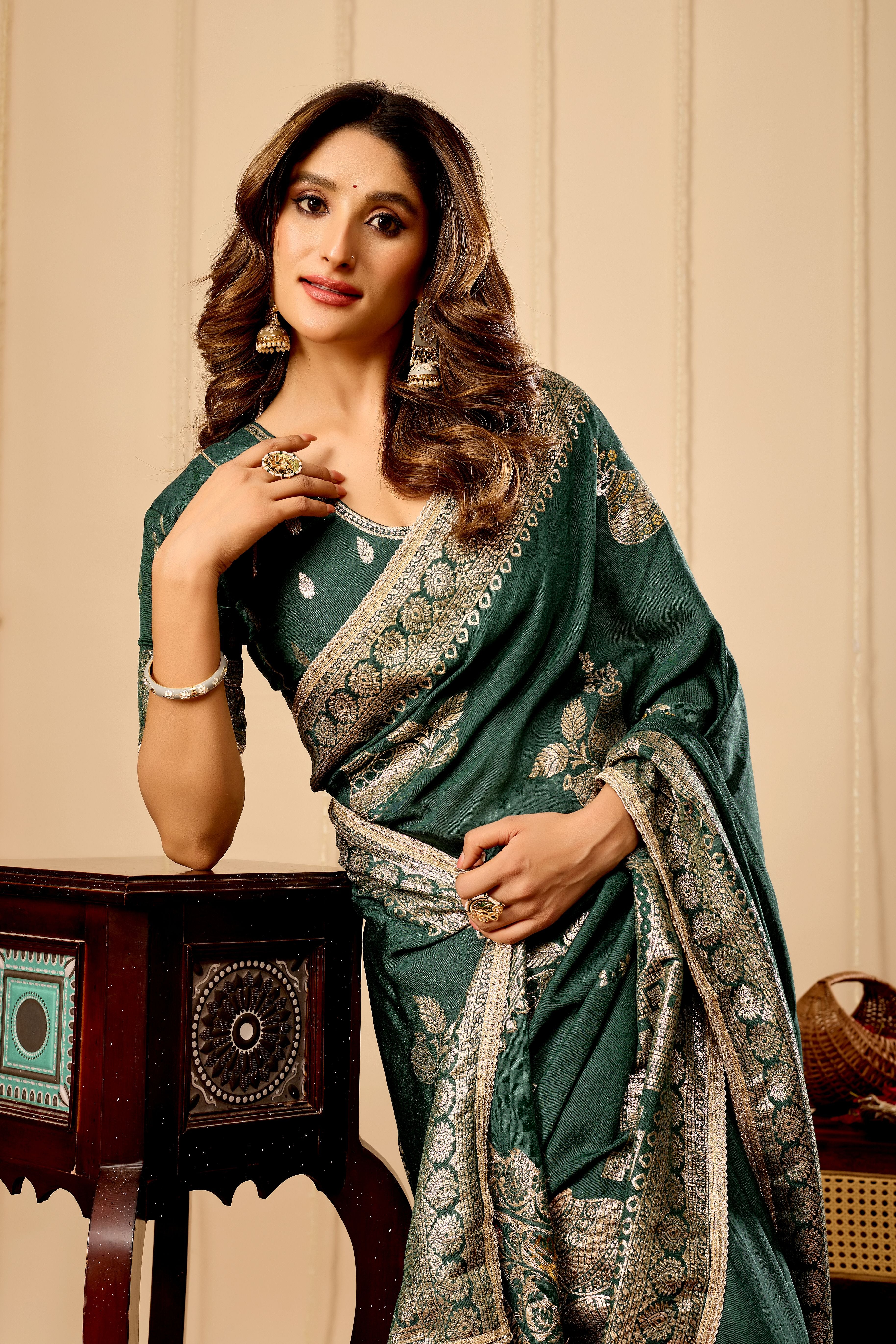 Emerald Green Silk Saree with Antique Gold Zari Work