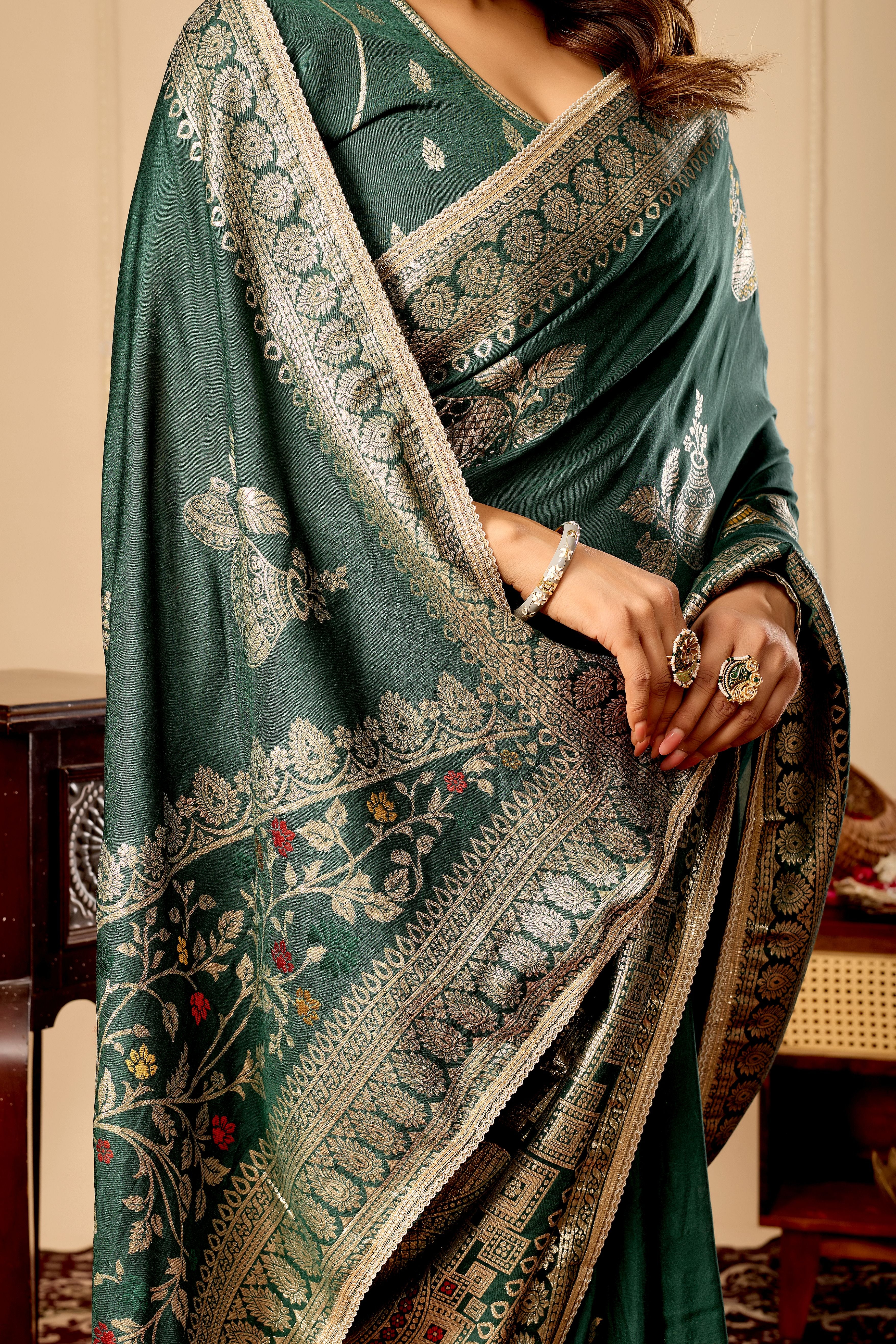 Emerald Green Silk Saree with Antique Gold Zari Work