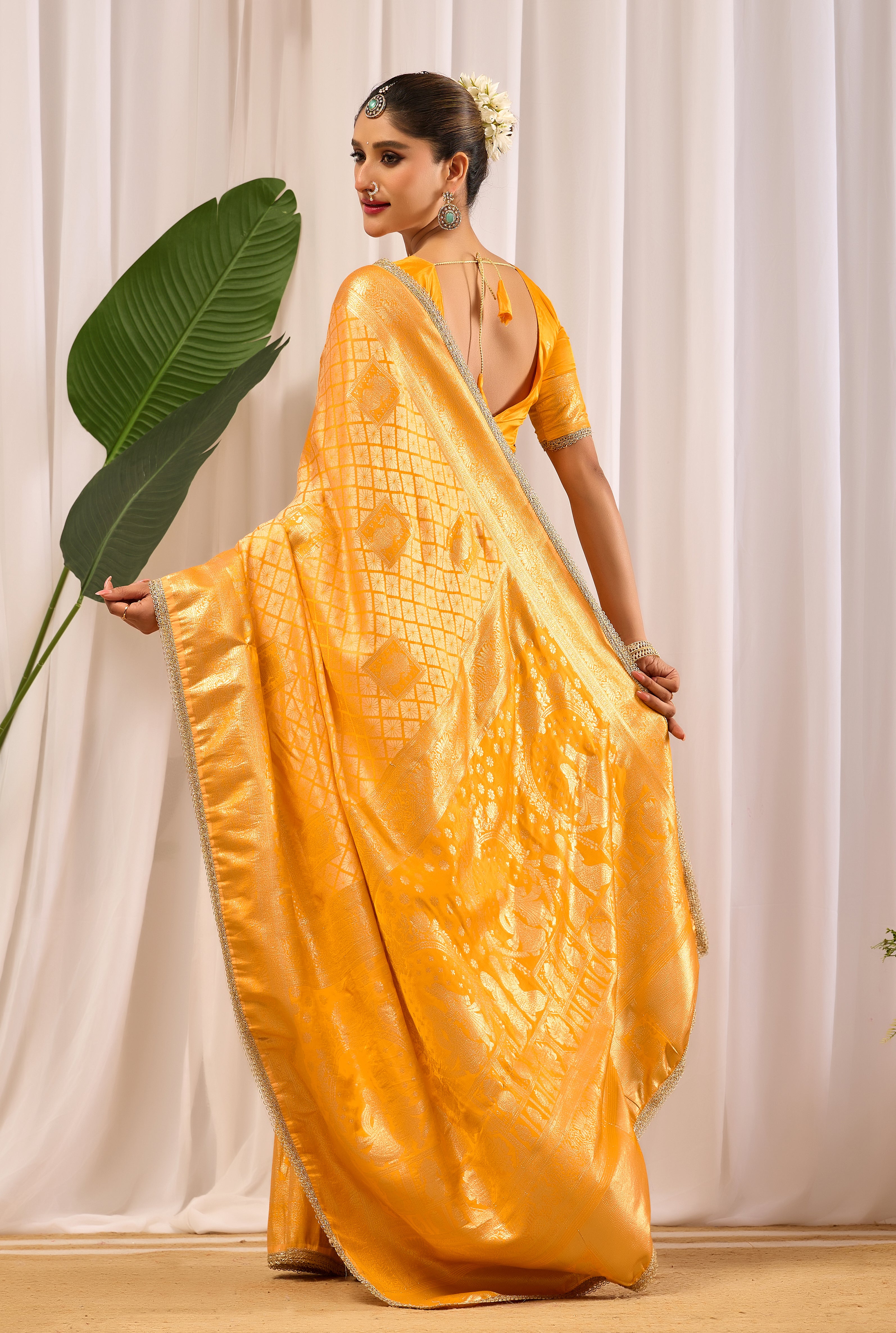 Golden Marigold Banarasi Silk Saree | Zari Border & Blouse