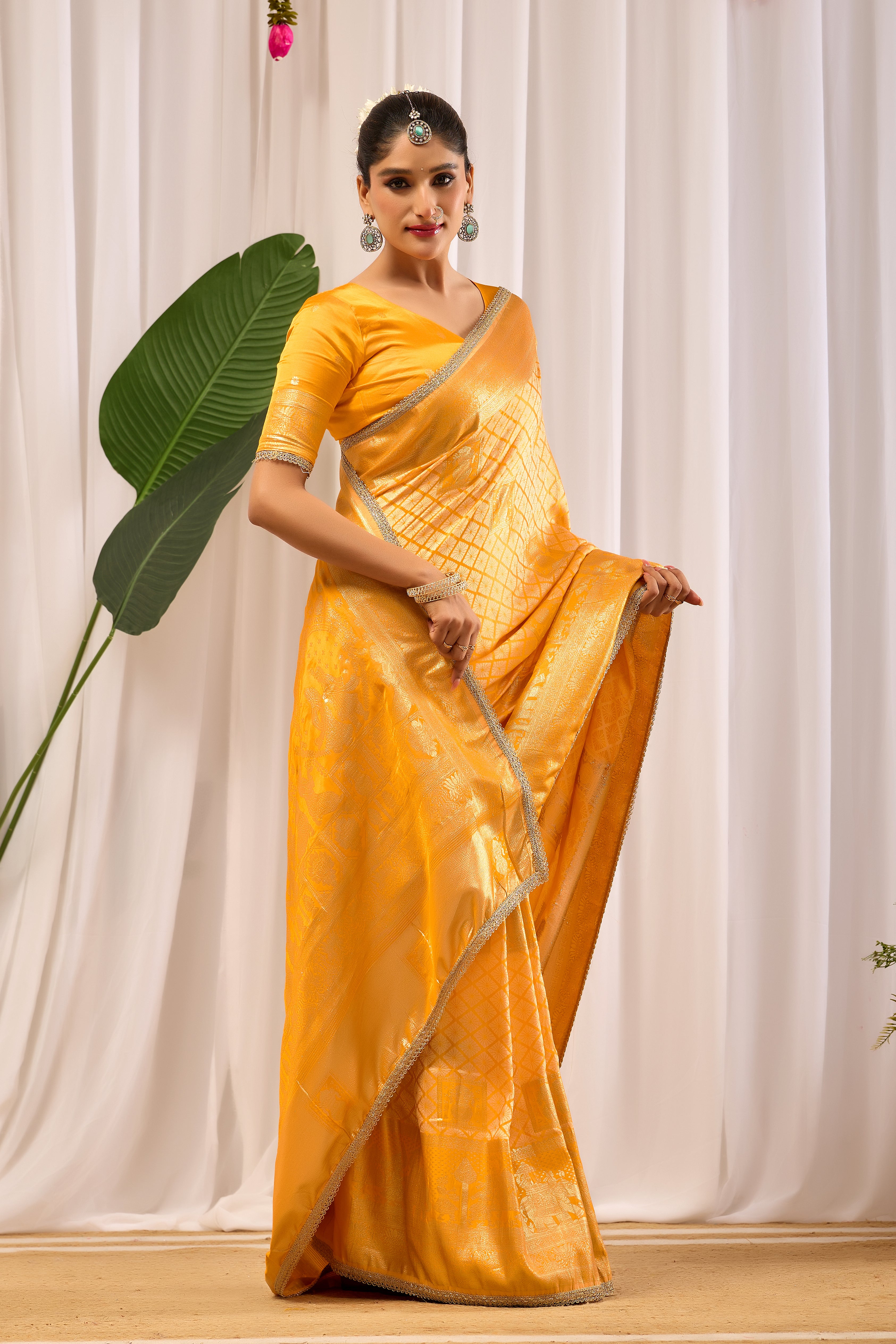 Golden Marigold Banarasi Silk Saree | Zari Border & Blouse