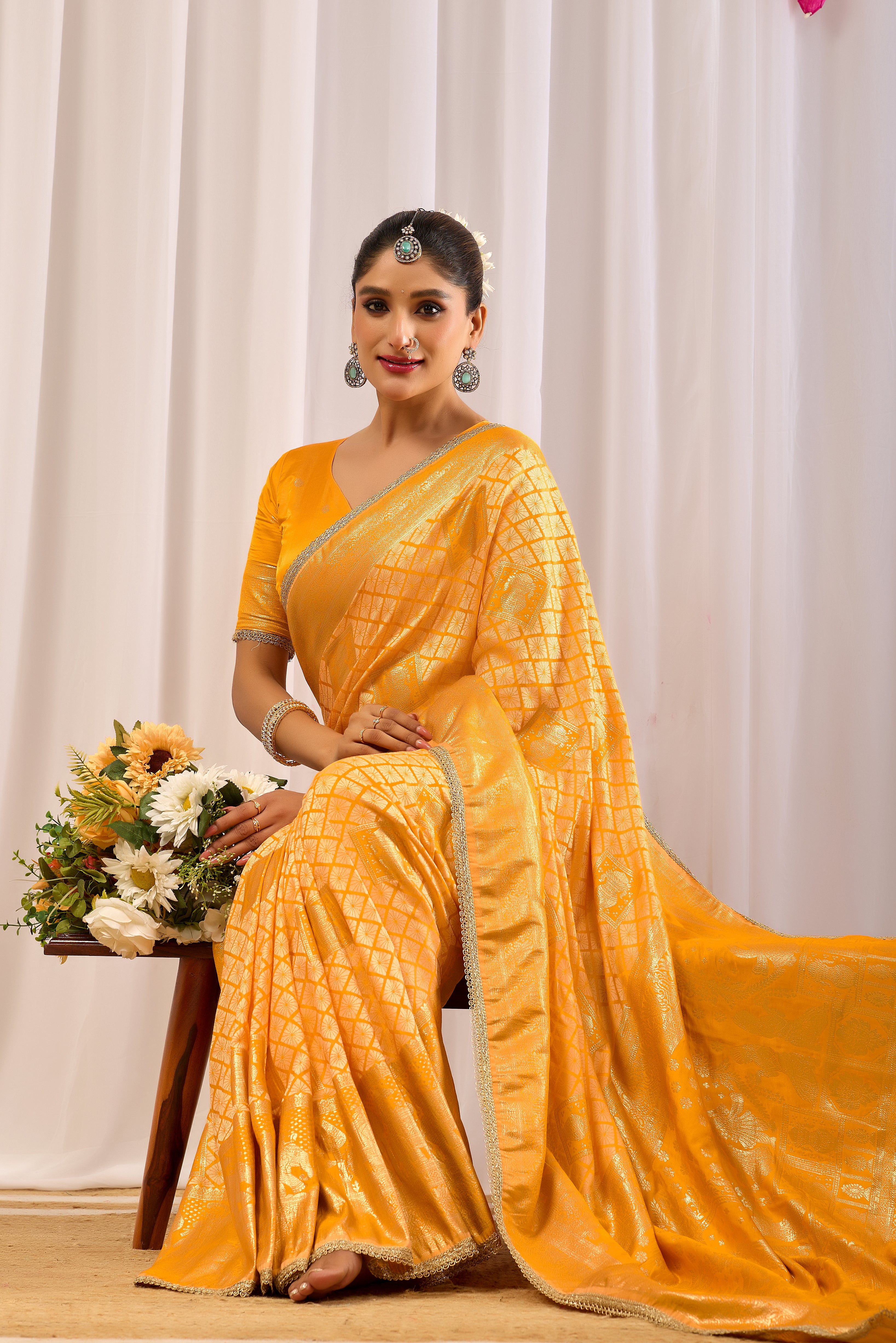 Golden Marigold Banarasi Silk Saree | Zari Border & Blouse