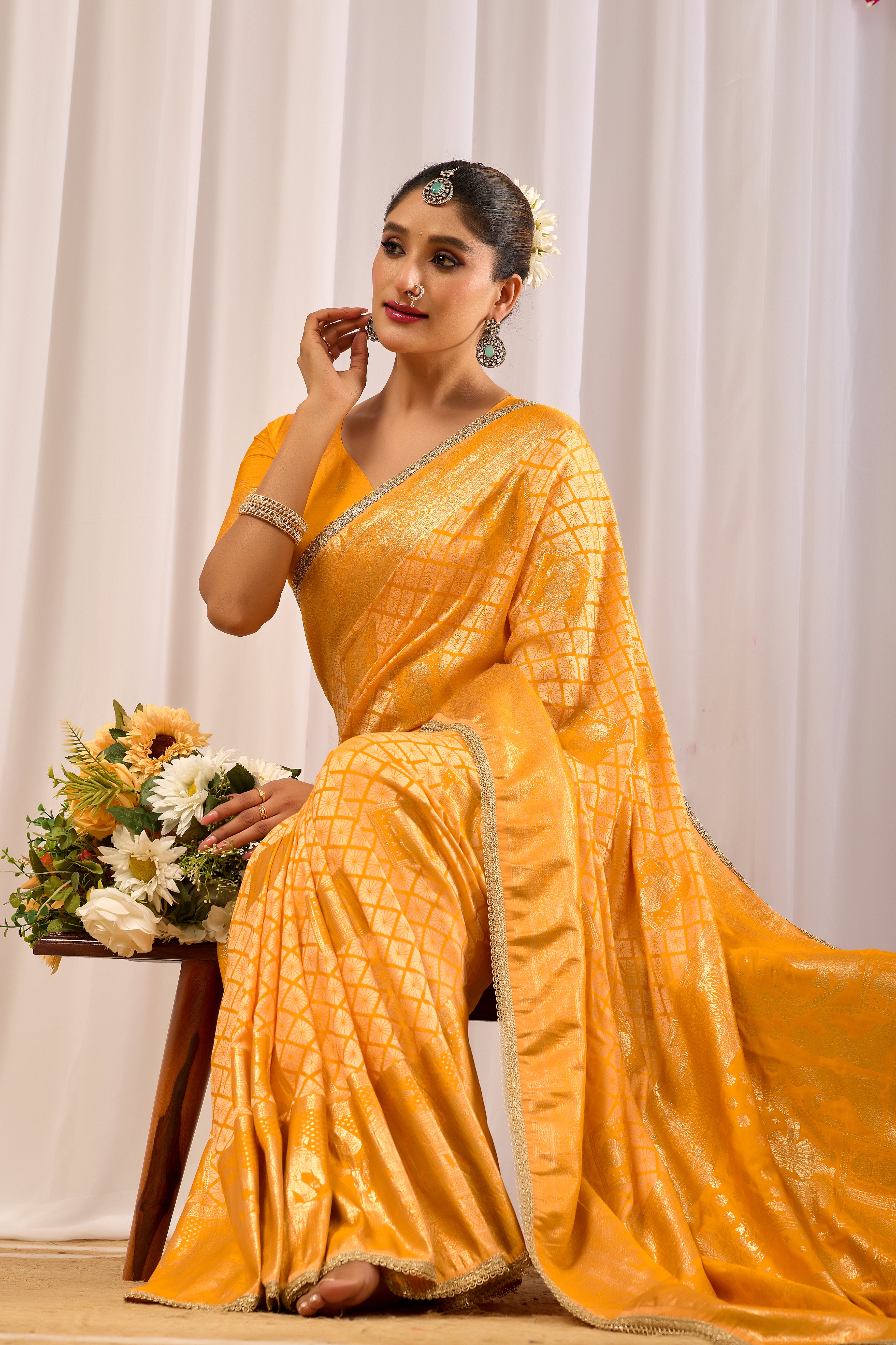 Golden Marigold Banarasi Silk Saree | Zari Border & Blouse