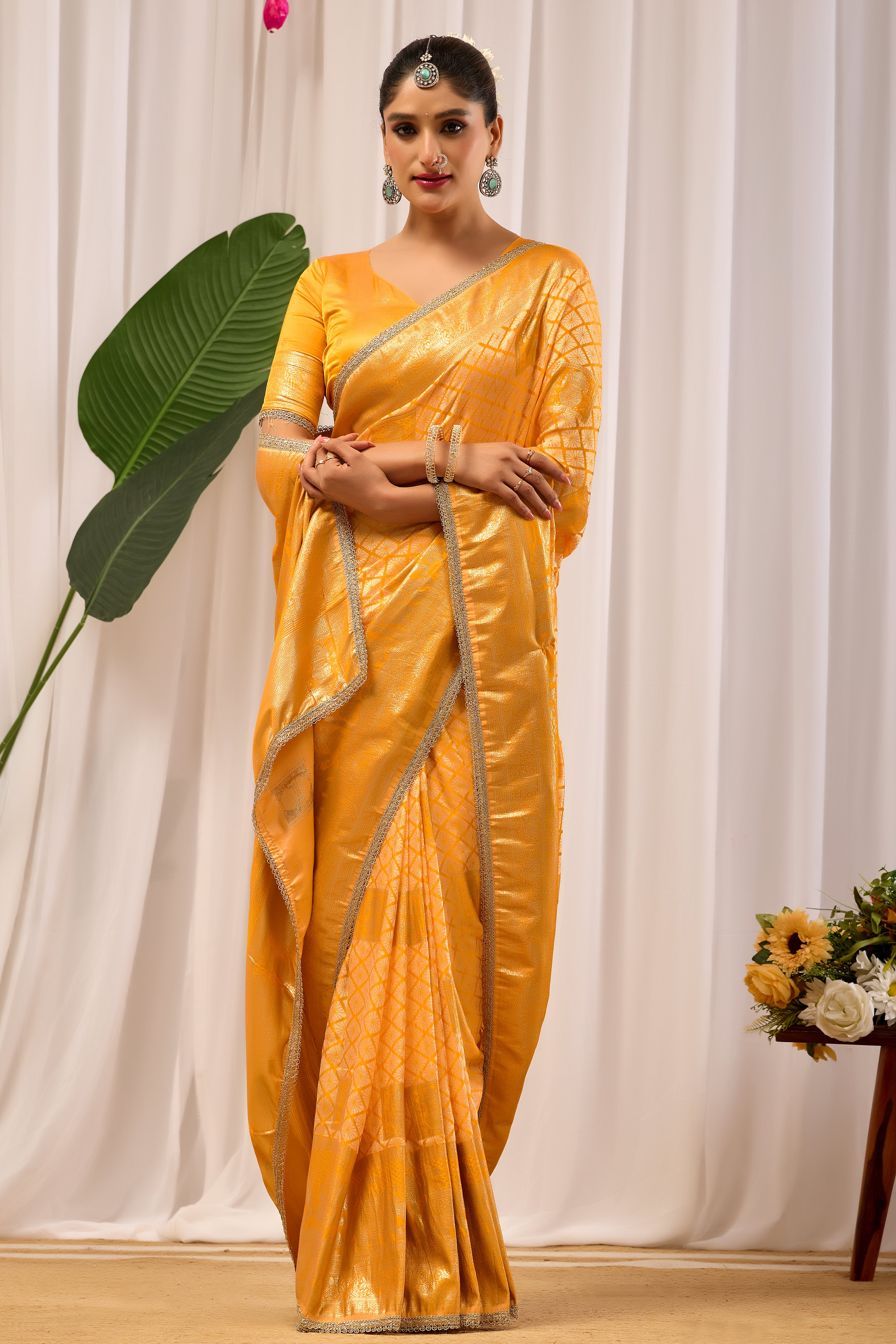 Golden Marigold Banarasi Silk Saree | Zari Border & Blouse