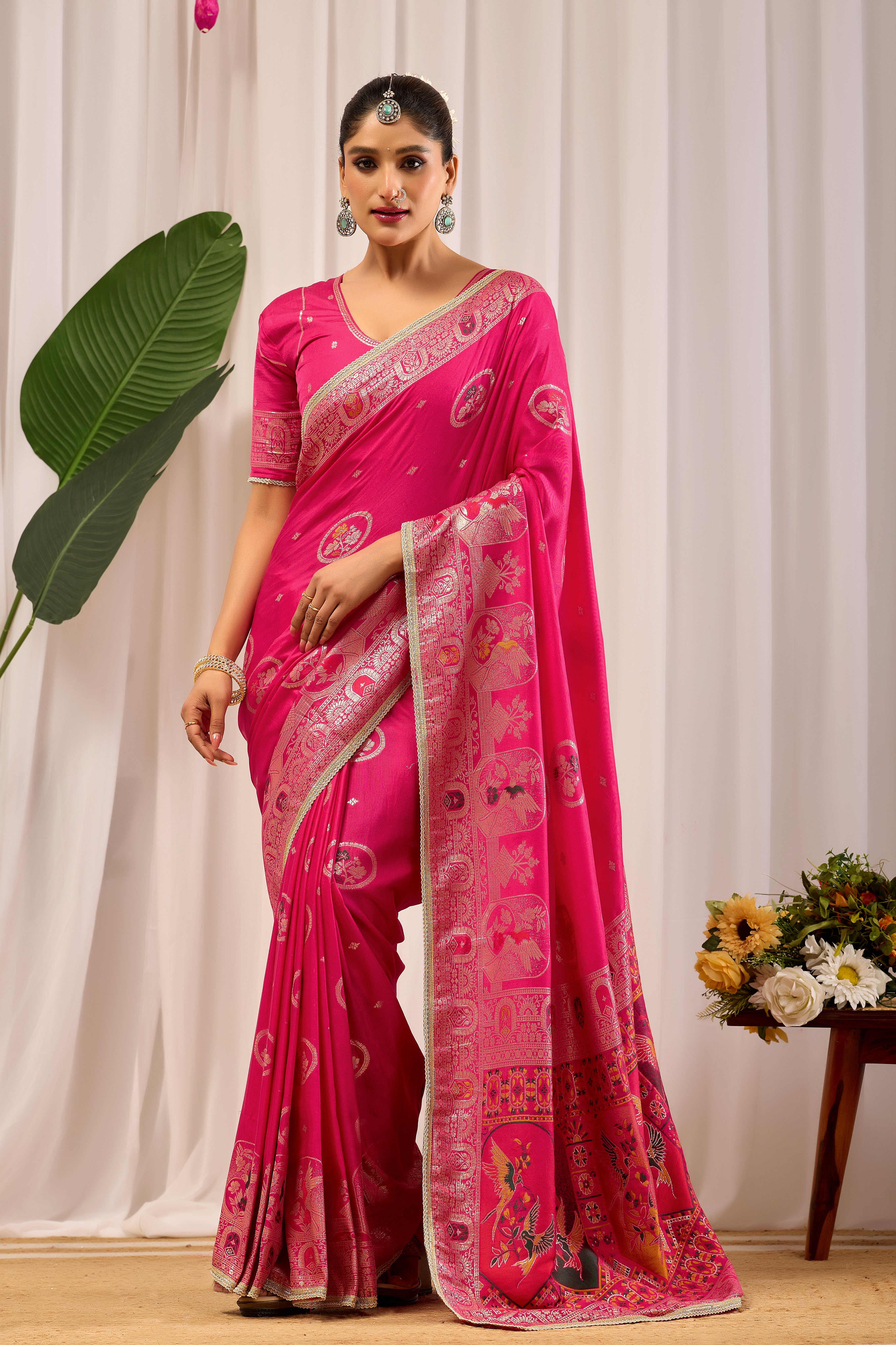 Rani Gulab Pink Banarasi Silk Saree | Gold Zari & Blouse