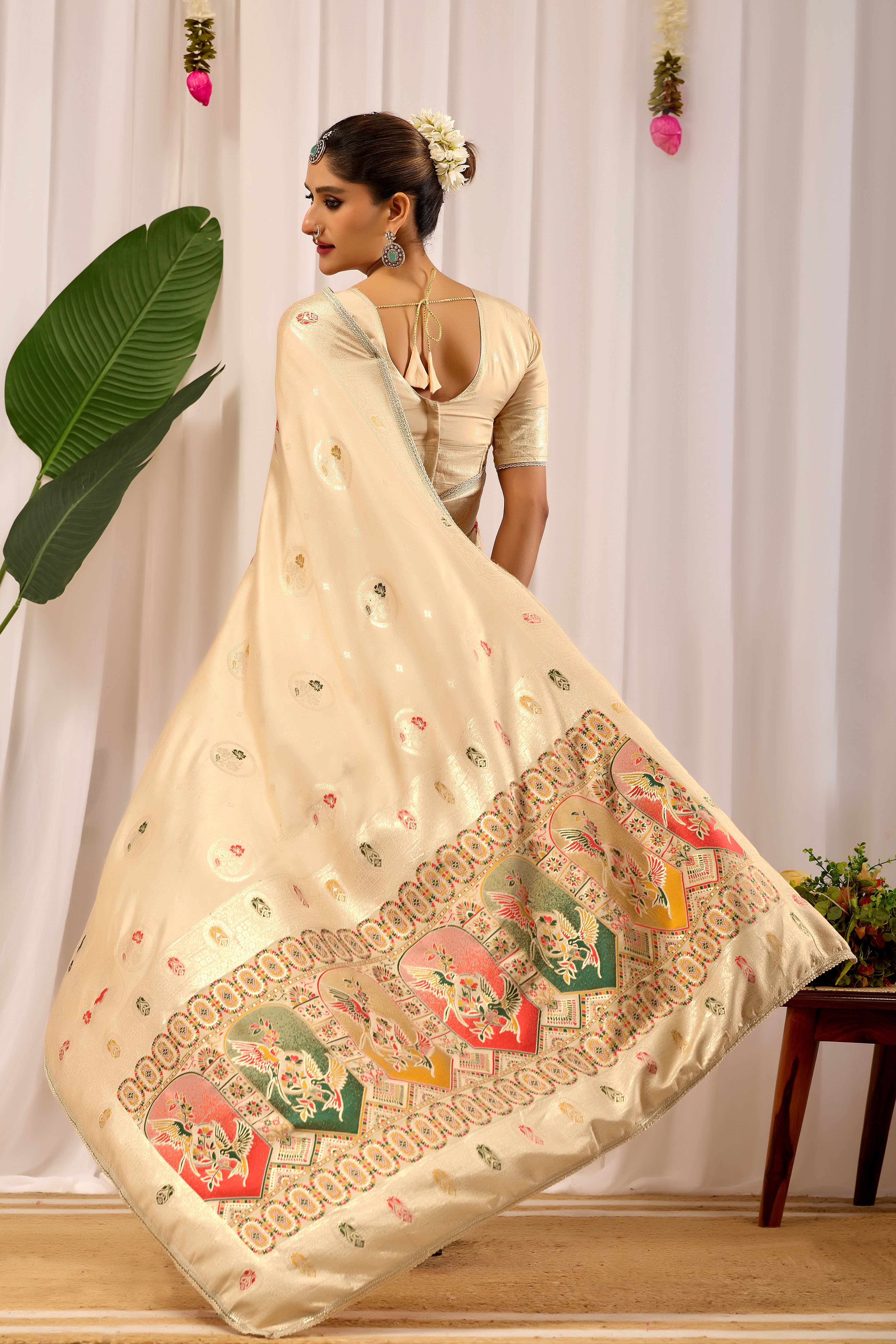 Ivory Sand Banarasi Silk Saree | Zari Border & Blouse