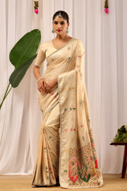 Ivory Sand Banarasi Silk Saree | Zari Border & Blouse