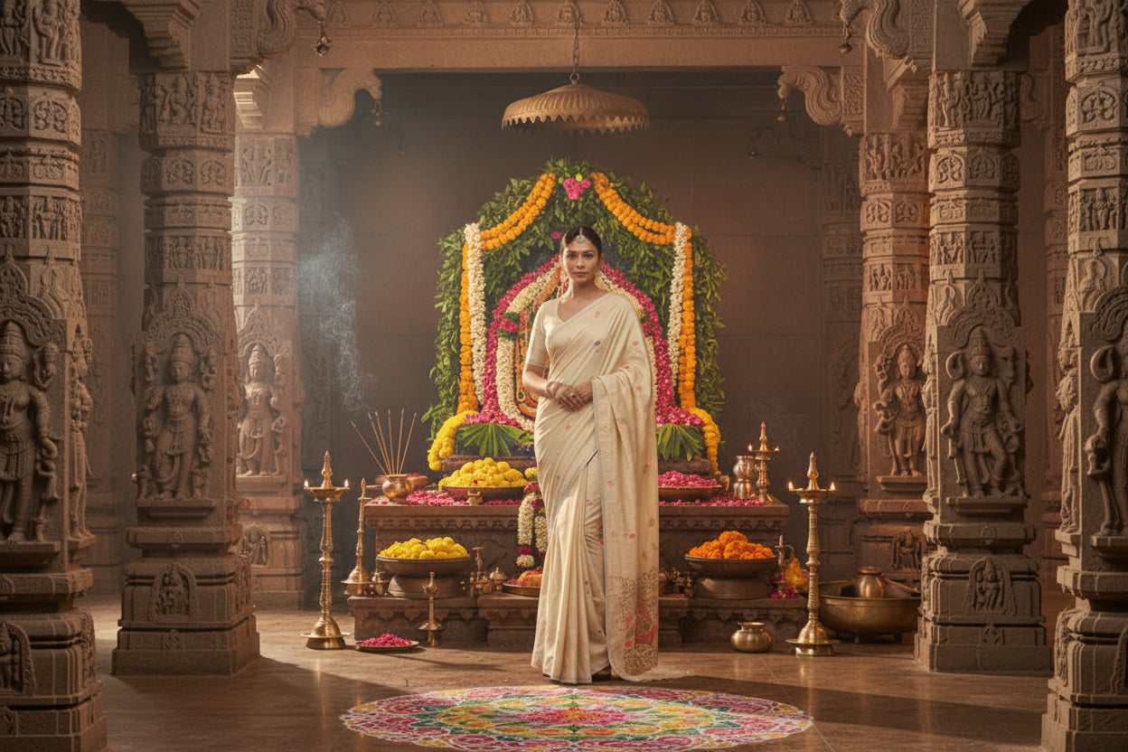 Ivory Sand Banarasi Silk Saree | Zari Border & Blouse