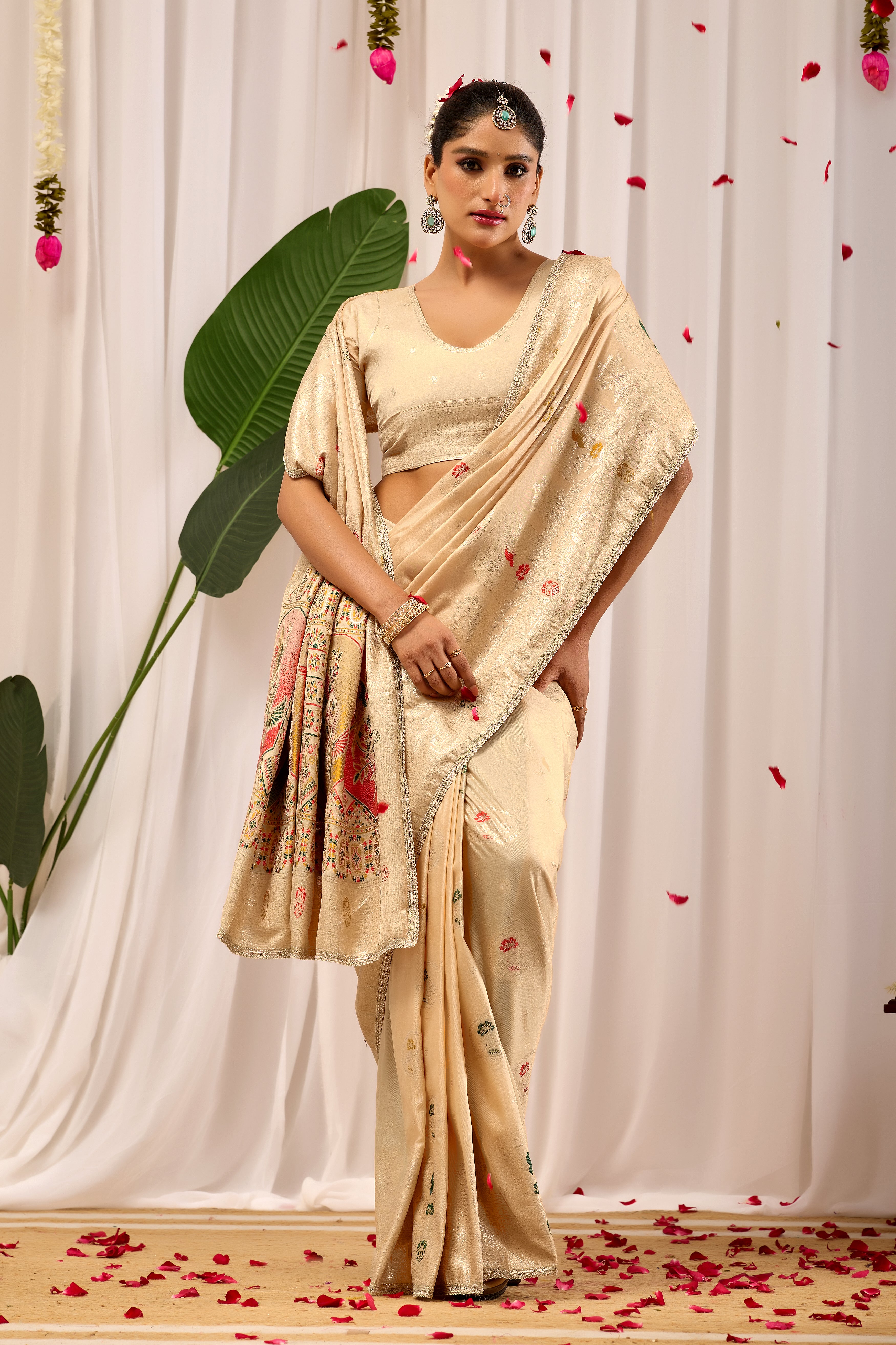 Ivory Sand Banarasi Silk Saree | Zari Border & Blouse