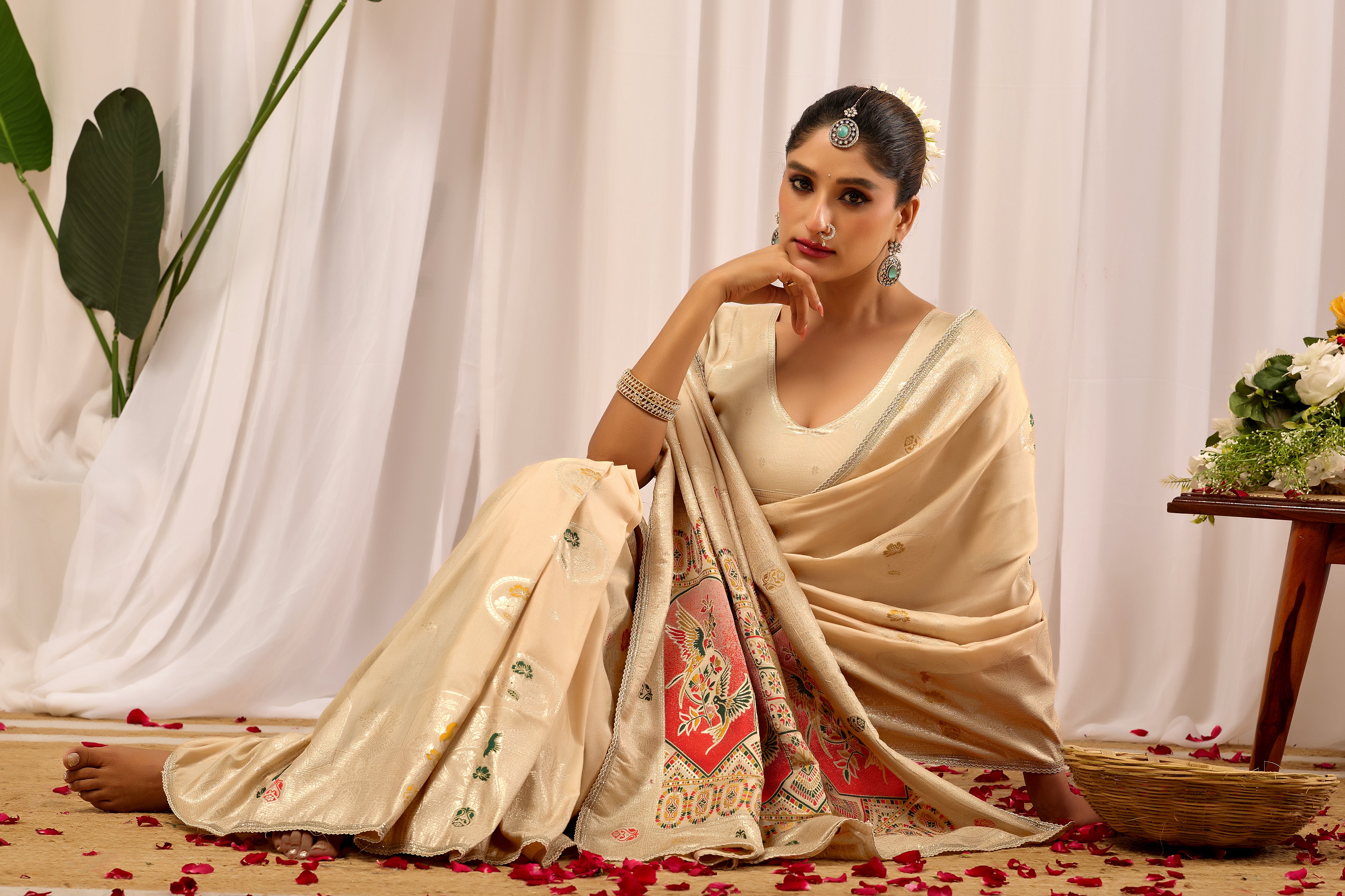 Ivory Sand Banarasi Silk Saree | Zari Border & Blouse