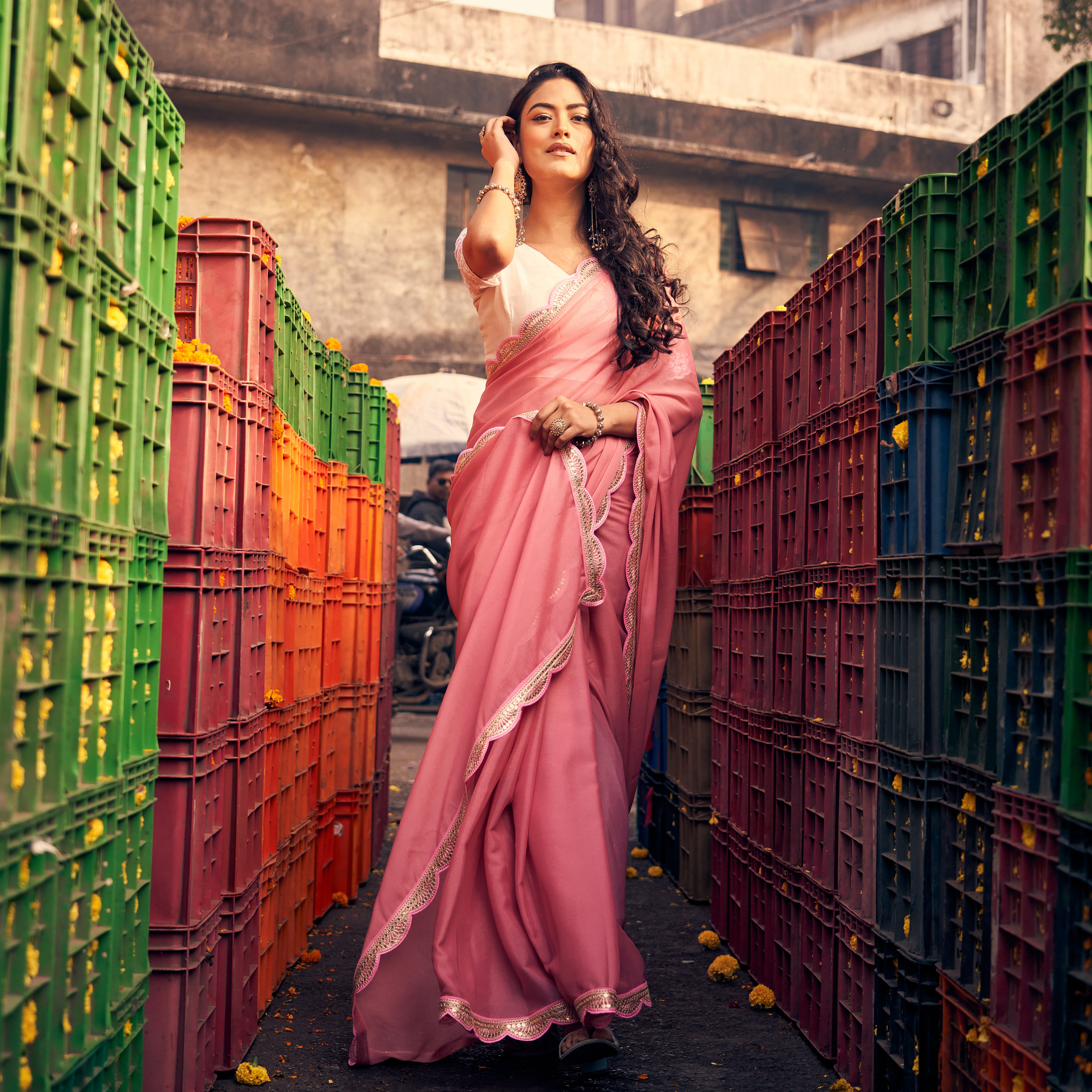 Coral Grace Elegant Lace Border Saree in Soft Coral Pink for Festive & Daytime Wear