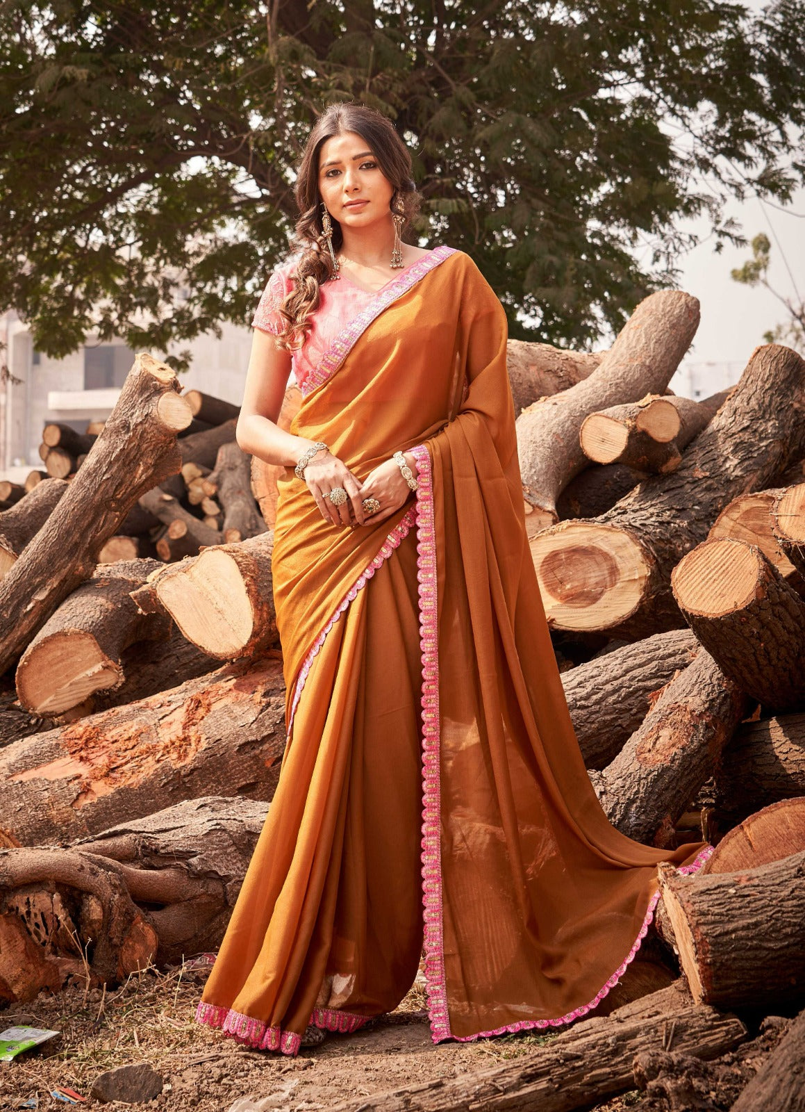 Rust Mustard Saree with Soft Pink Border