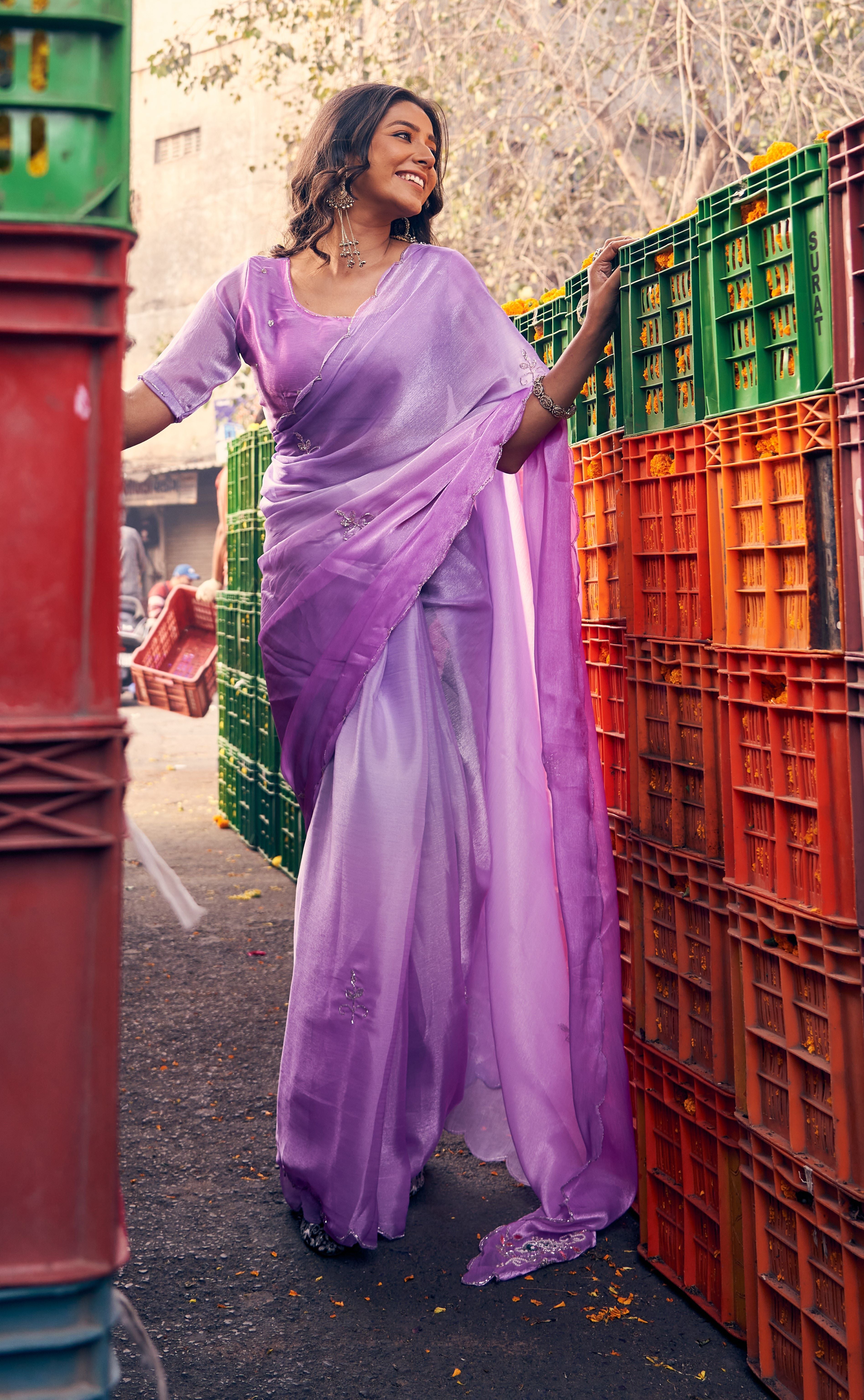 Soft Lilac Ombre Saree with Delicate Floral Embroidery