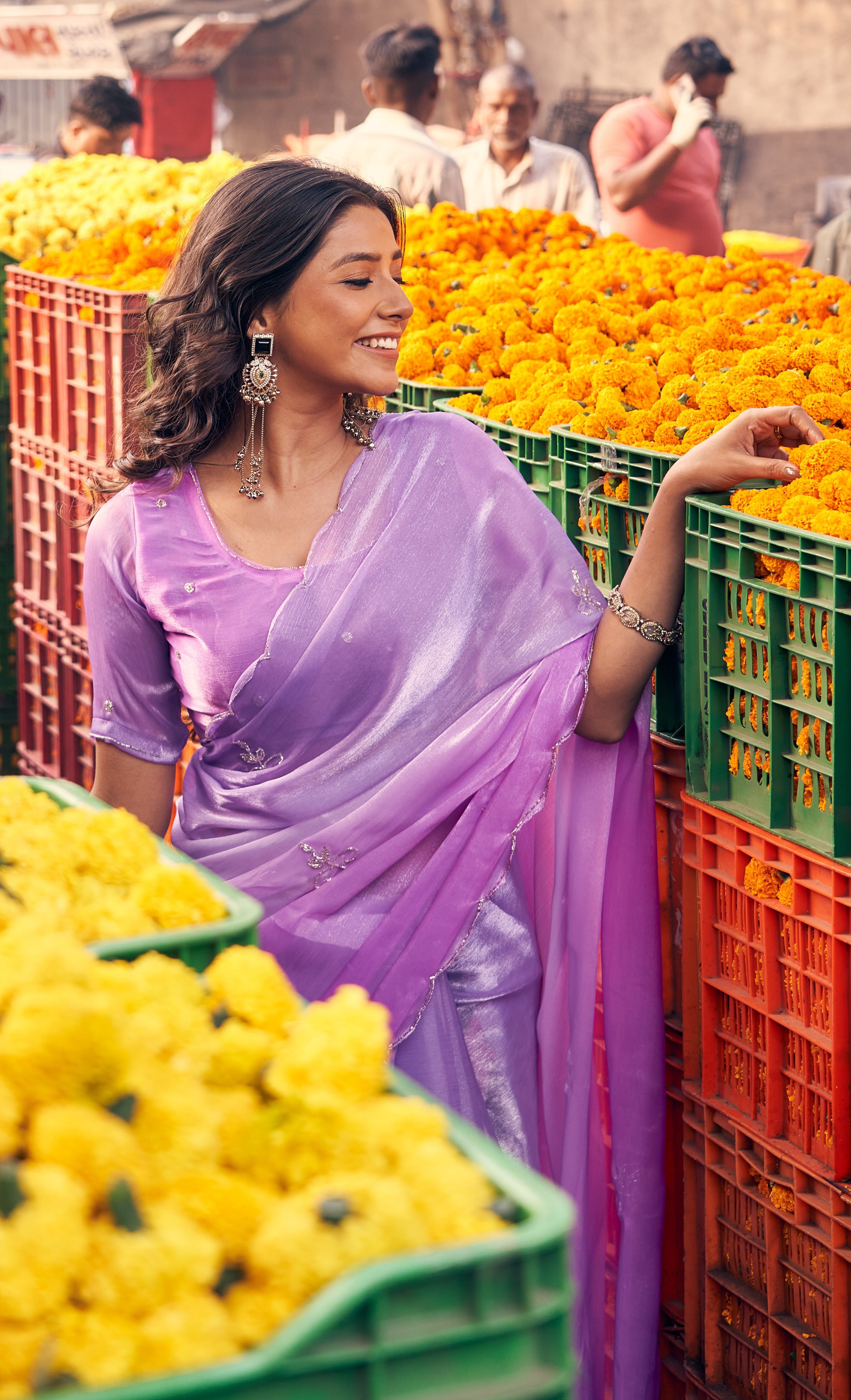 Soft Lilac Ombre Saree with Delicate Floral Embroidery