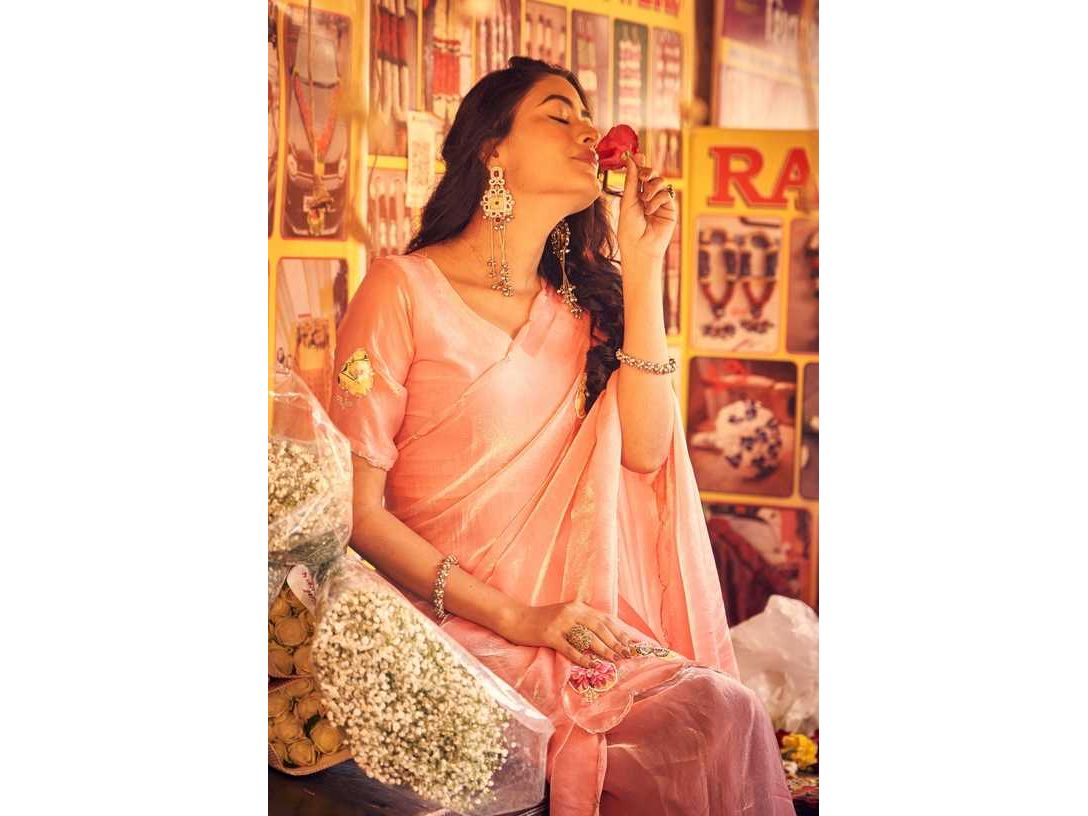 Blush Petal Floral Appliqué Saree | Scalloped Border with Matching Blouse Piece | Festive & Daytime Wear