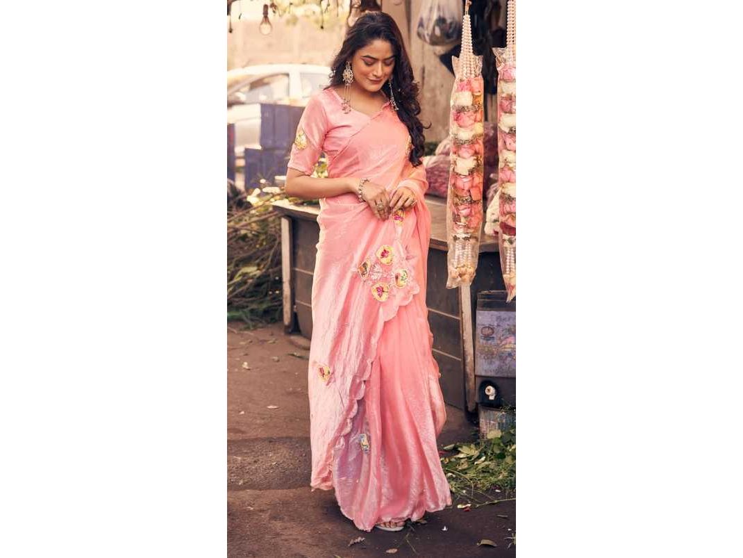 Blush Petal Floral Appliqué Saree | Scalloped Border with Matching Blouse Piece | Festive & Daytime Wear