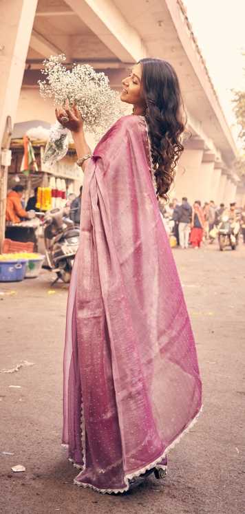Royal Mauve Shimmer Saree | Satin Organza Blend with Scalloped Border & Blouse Piece | Festive & Wedding Wear