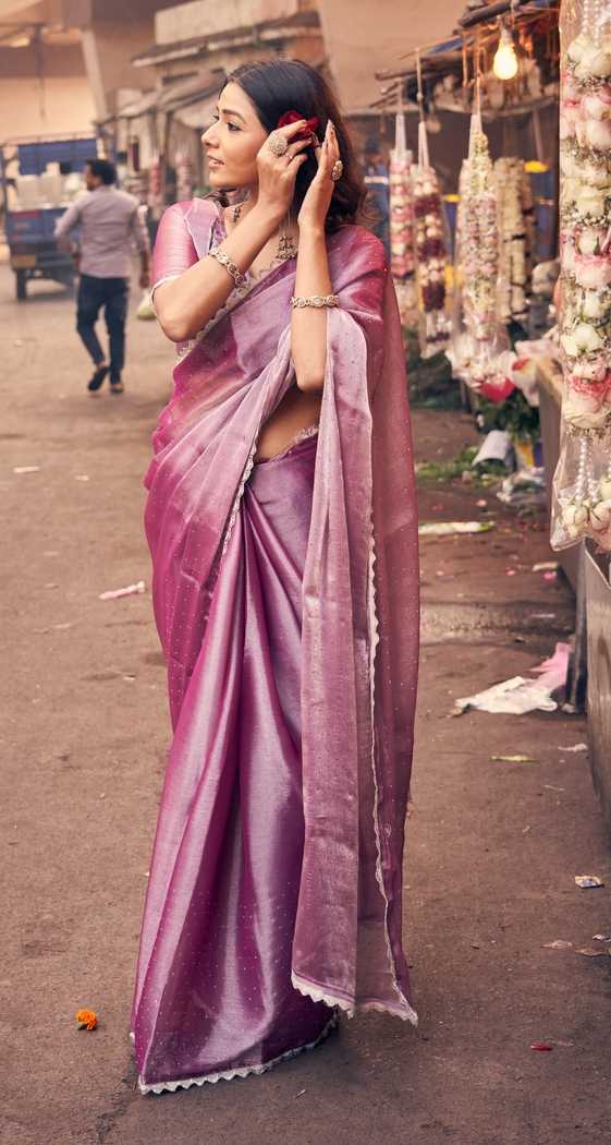 Royal Mauve Shimmer Saree | Satin Organza Blend with Scalloped Border & Blouse Piece | Festive & Wedding Wear