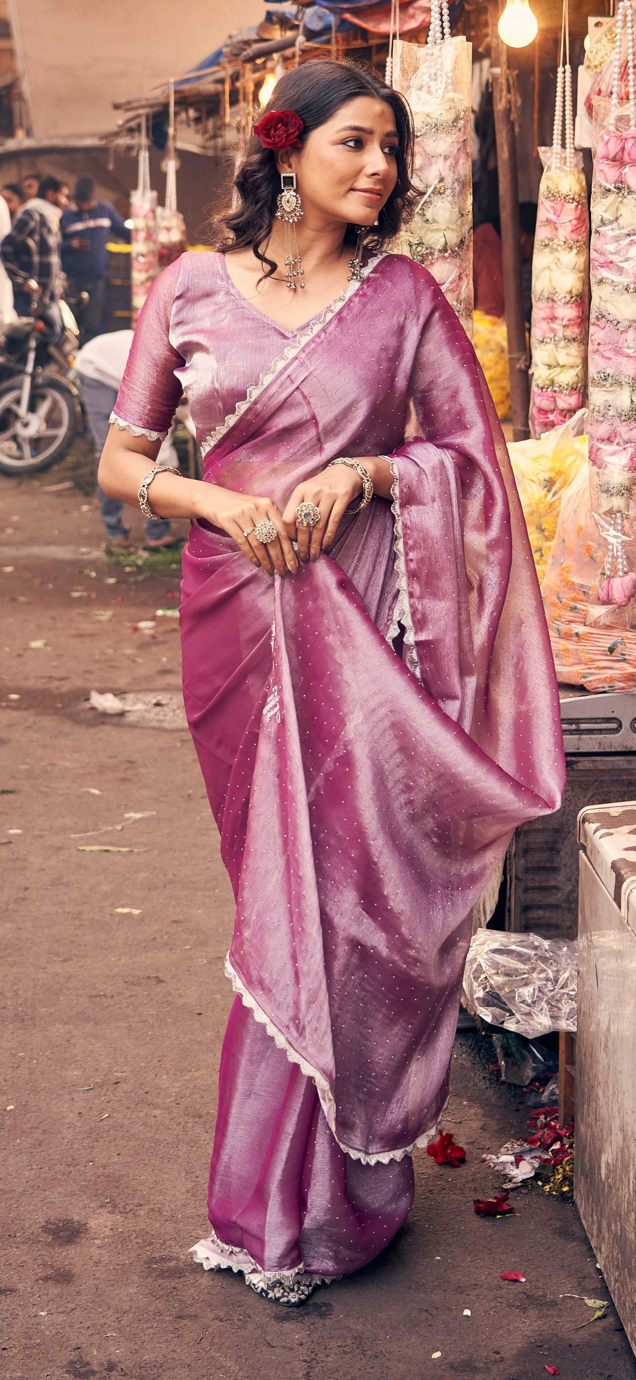 Royal Mauve Shimmer Saree | Satin Organza Blend with Scalloped Border & Blouse Piece | Festive & Wedding Wear