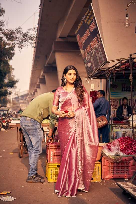 Royal Mauve Shimmer Saree | Satin Organza Blend with Scalloped Border & Blouse Piece | Festive & Wedding Wear