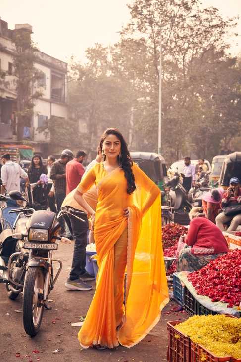 Sunlit Marigold Yellow Chiffon Silk Saree | Minimal Border with Matching Blouse Piece | Festive & Haldi Wear