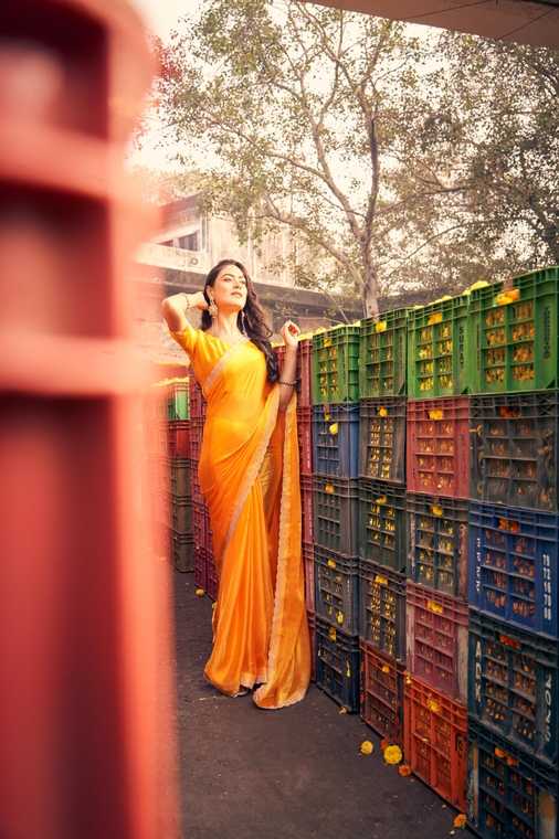 Sunlit Marigold Yellow Chiffon Silk Saree | Minimal Border with Matching Blouse Piece | Festive & Haldi Wear