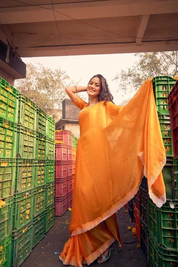 Sunlit Marigold Yellow Chiffon Silk Saree | Minimal Border with Matching Blouse Piece | Festive & Haldi Wear