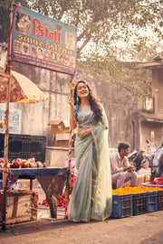 Mint Sage Green Sheer Saree with Delicate Shimmer Border