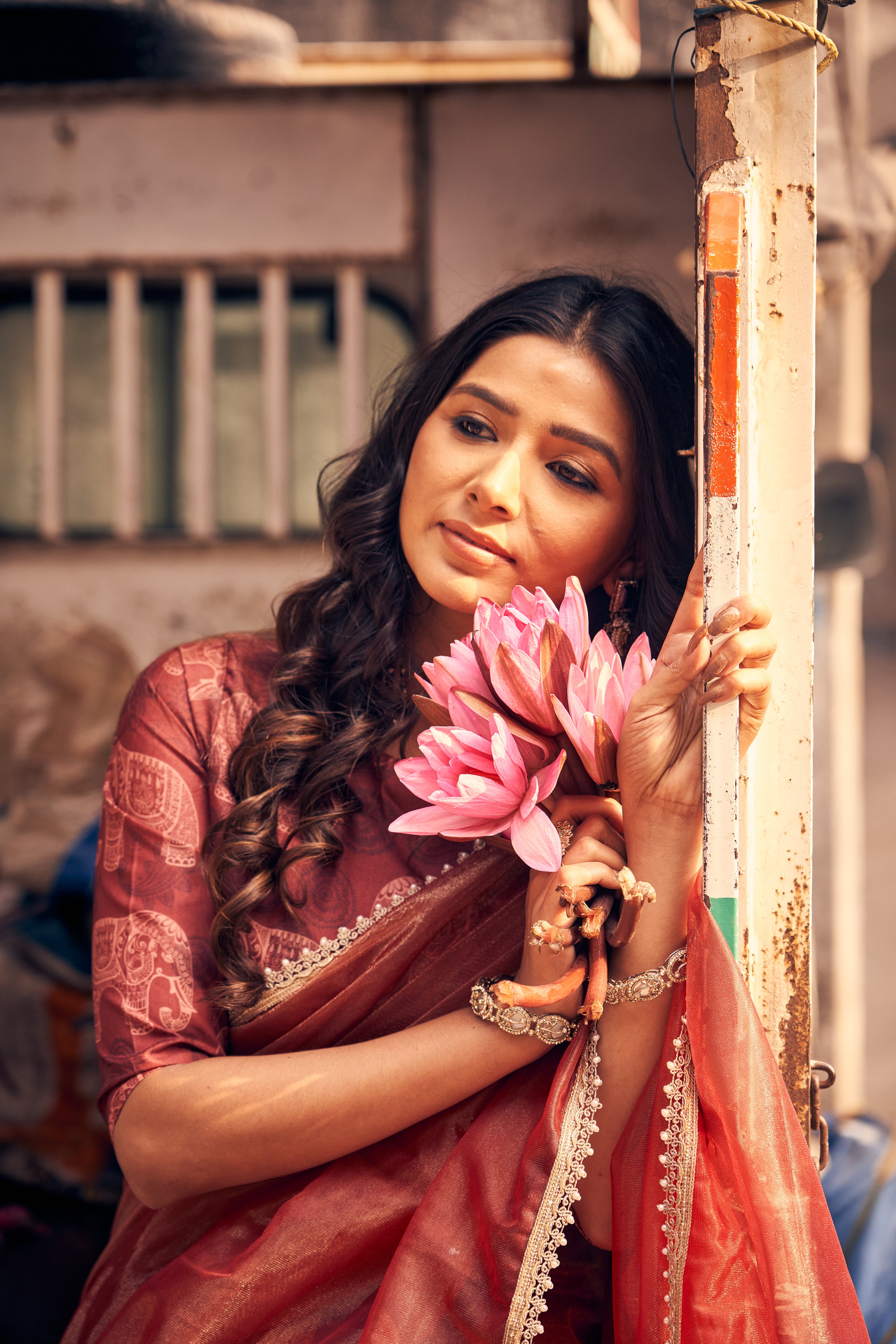 Burnt Terracotta Rust Saree with Soft Sheer Texture Elegant Shimmer Border