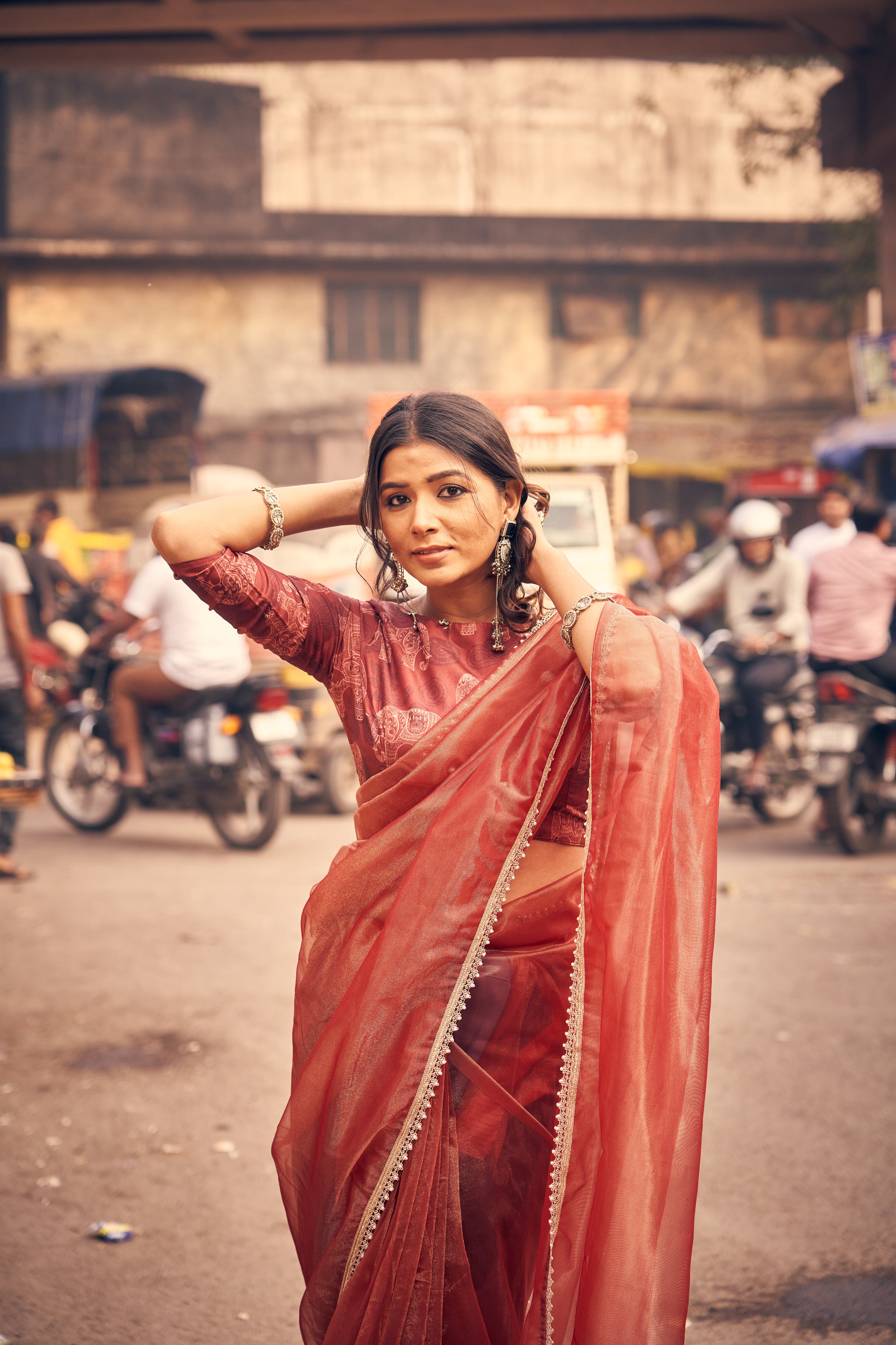 Burnt Terracotta Rust Saree with Soft Sheer Texture Elegant Shimmer Border
