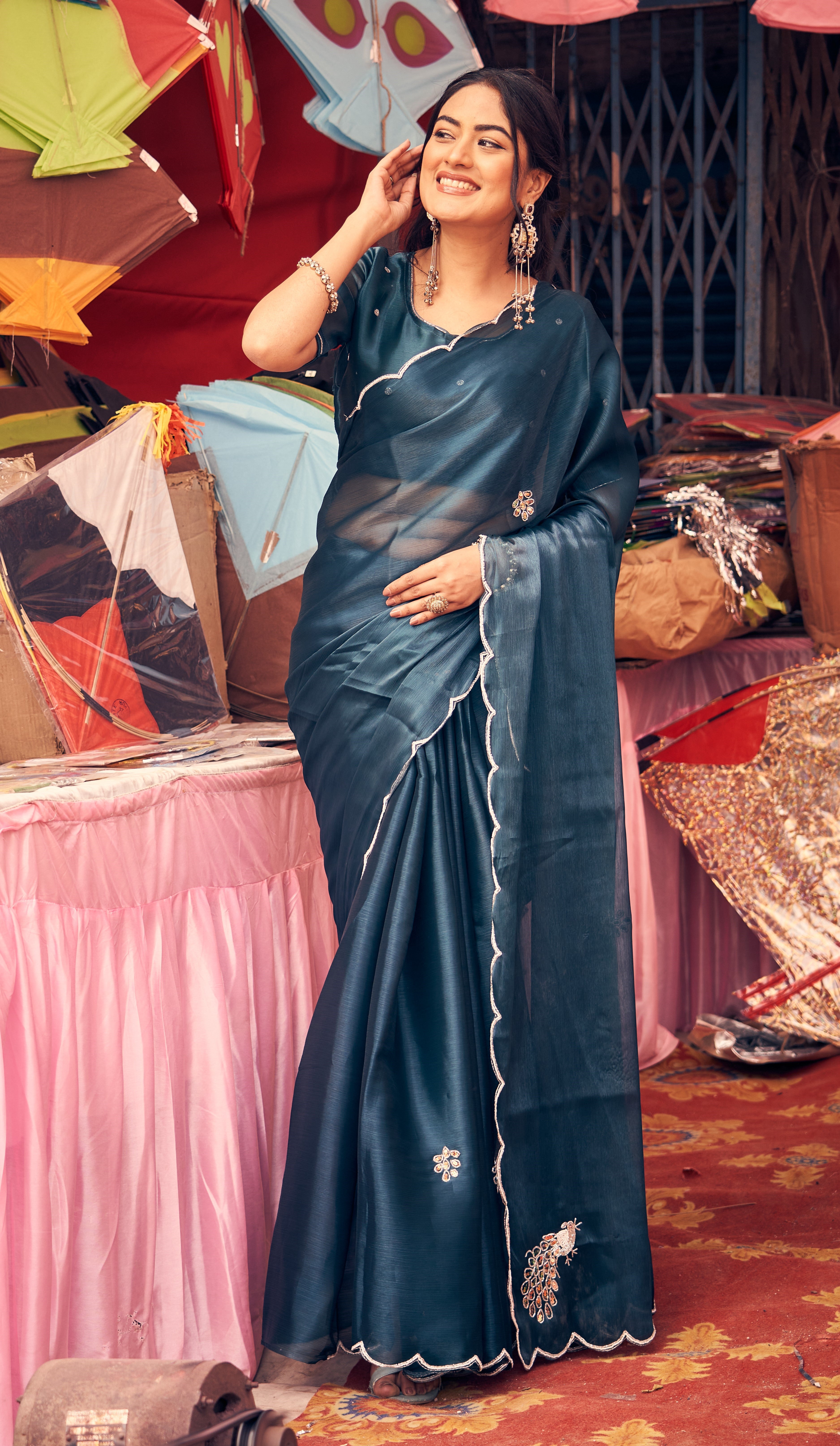 Elegant Teal Blue Hand Embellished Scalloped Border & Peacock Motifs Saree