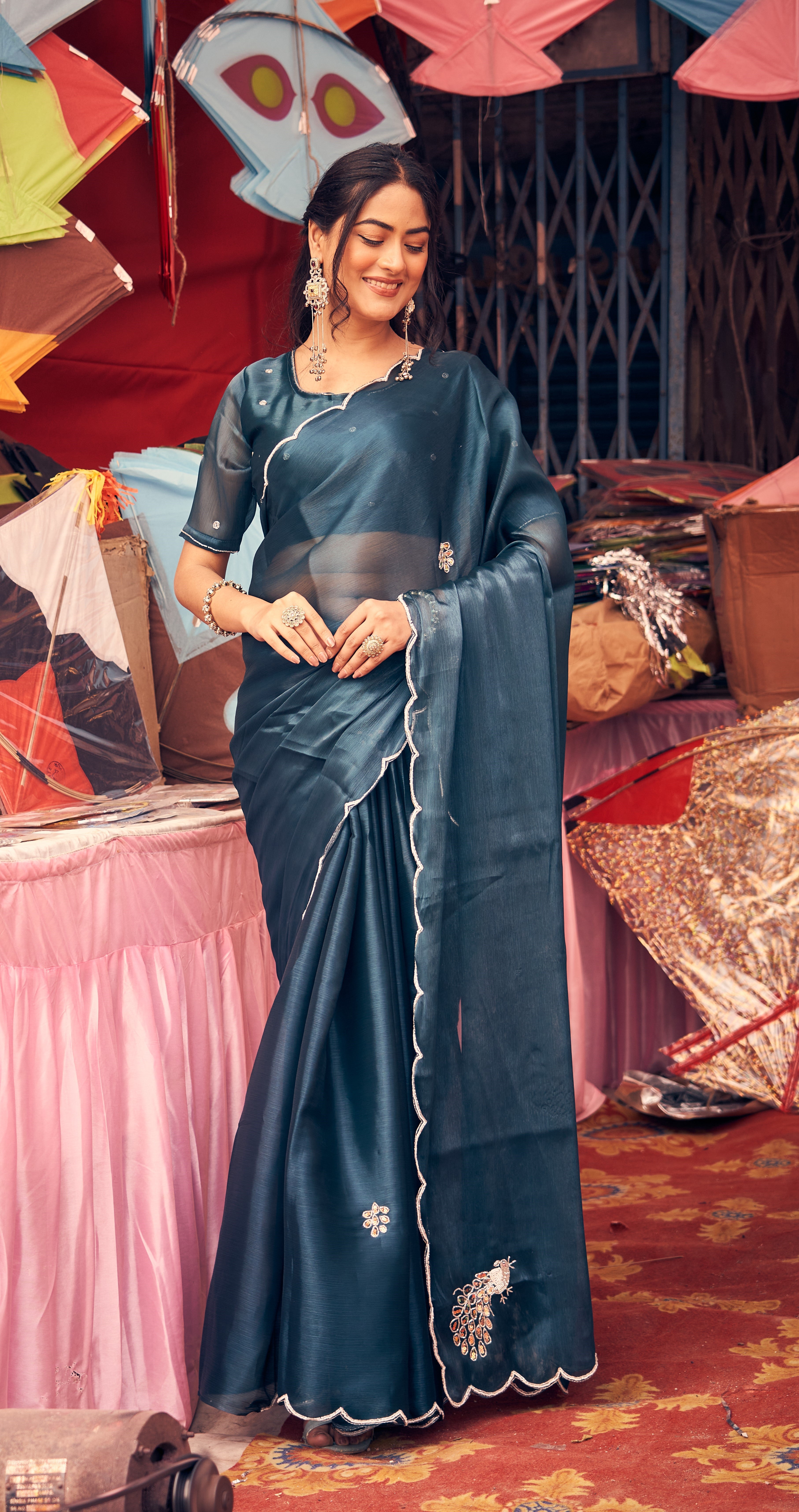Elegant Teal Blue Hand Embellished Scalloped Border & Peacock Motifs Saree