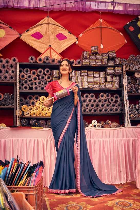 Royal Navy Blue Saree with Pink Border