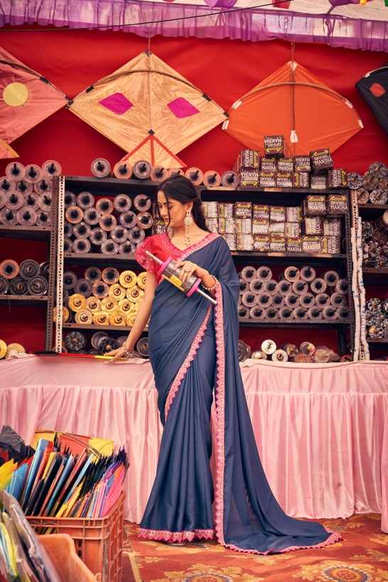 Royal Navy Blue Saree with Pink Border