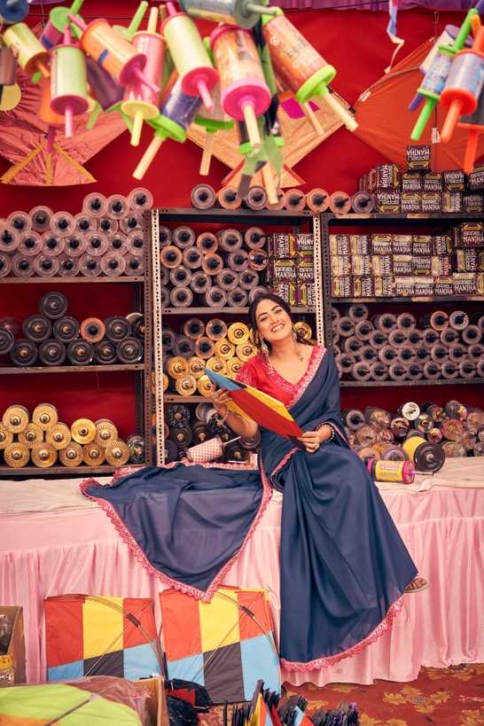 Royal Navy Blue Saree with Pink Border