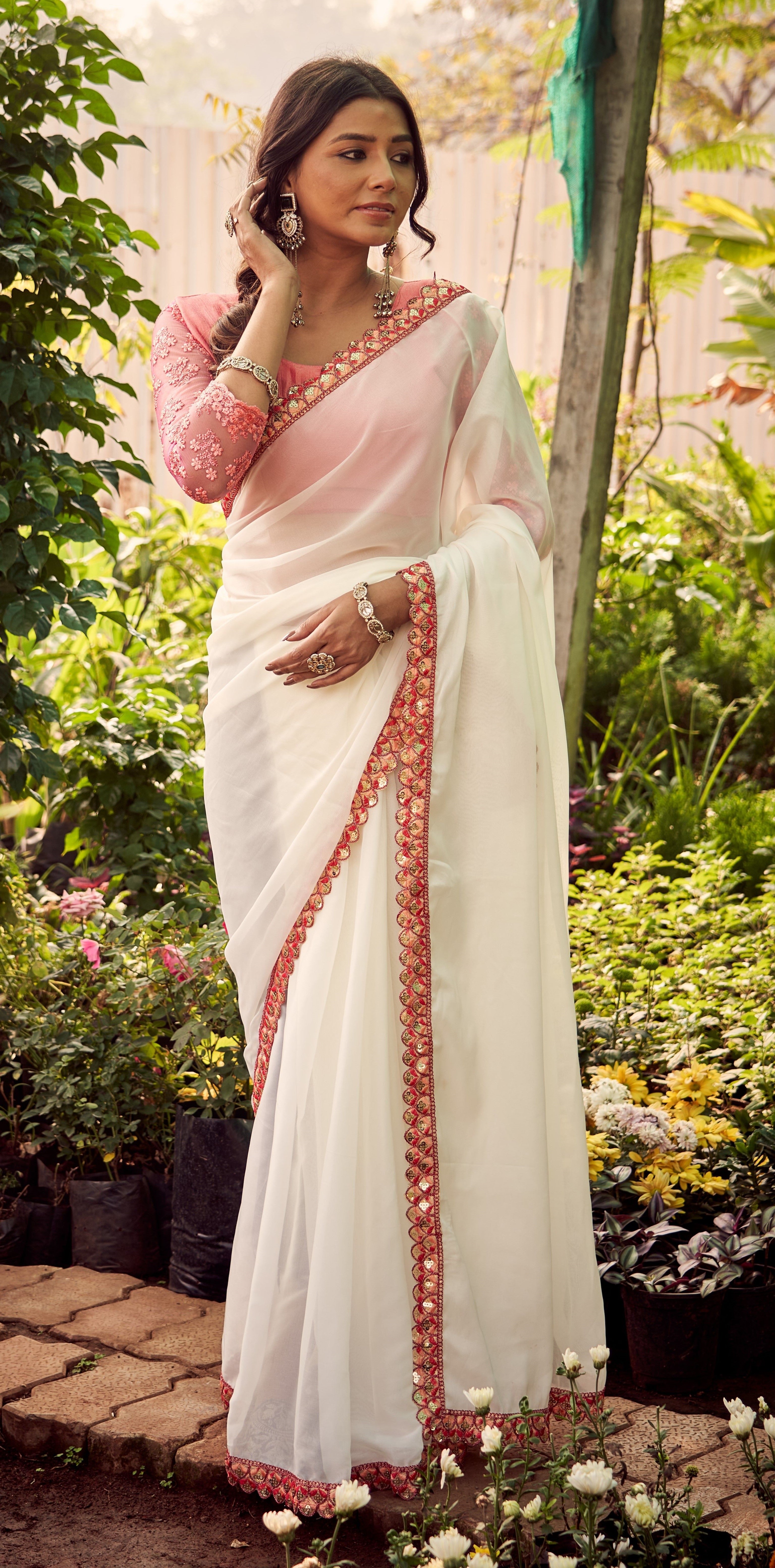 Ivory Blush Embroidered Border Saree