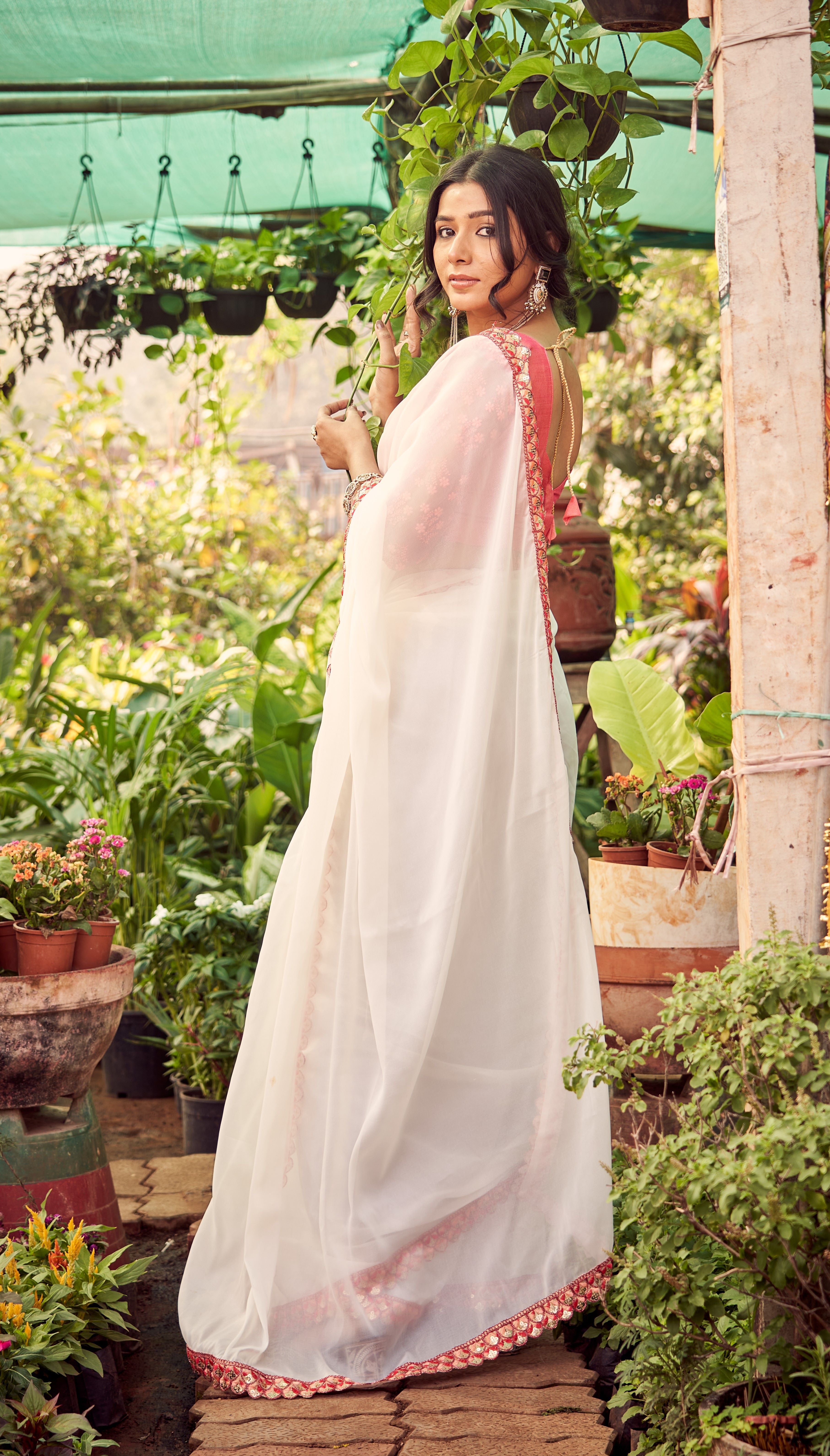 Ivory Blush Embroidered Border Saree