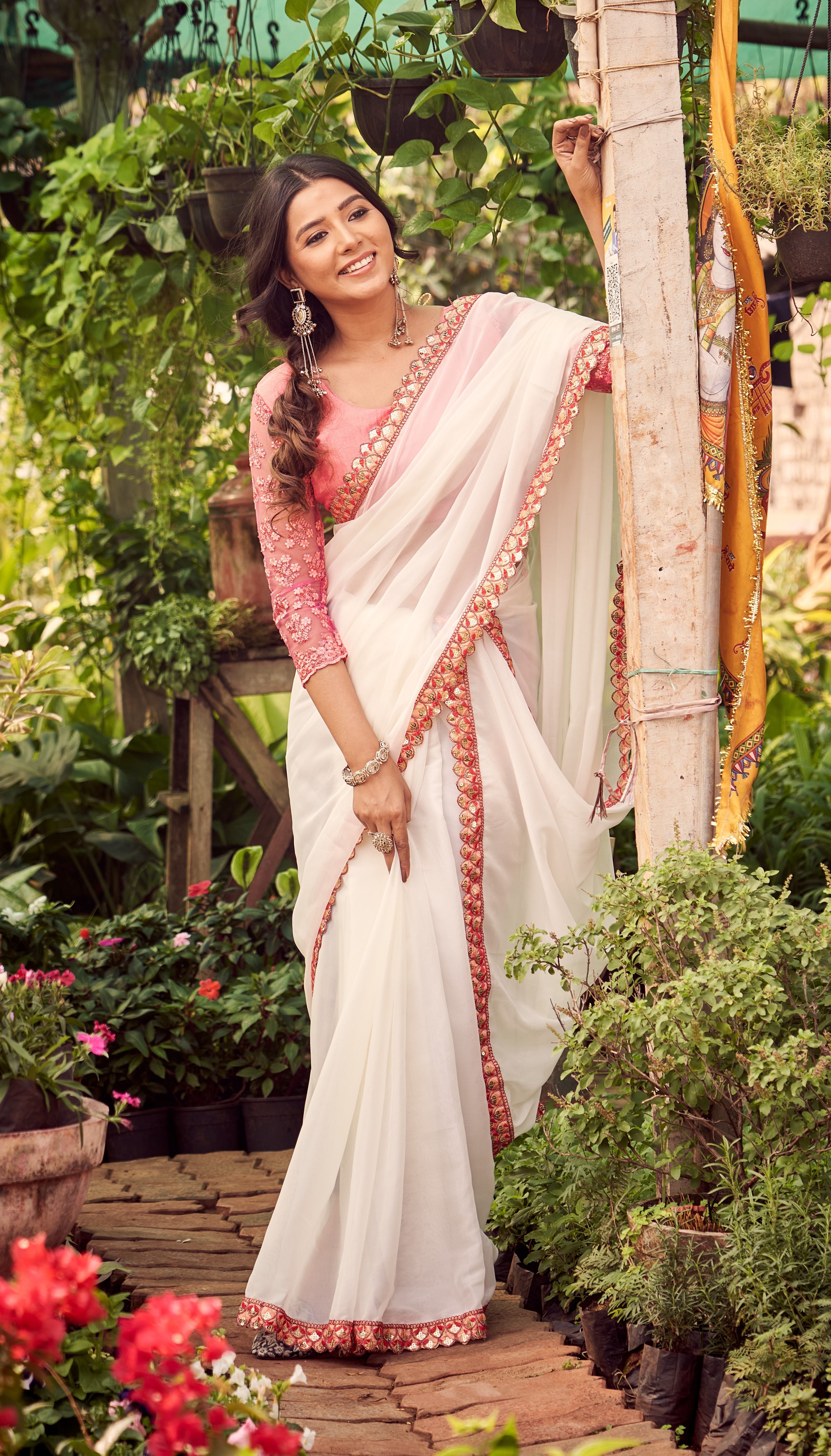 Ivory Blush Embroidered Border Saree