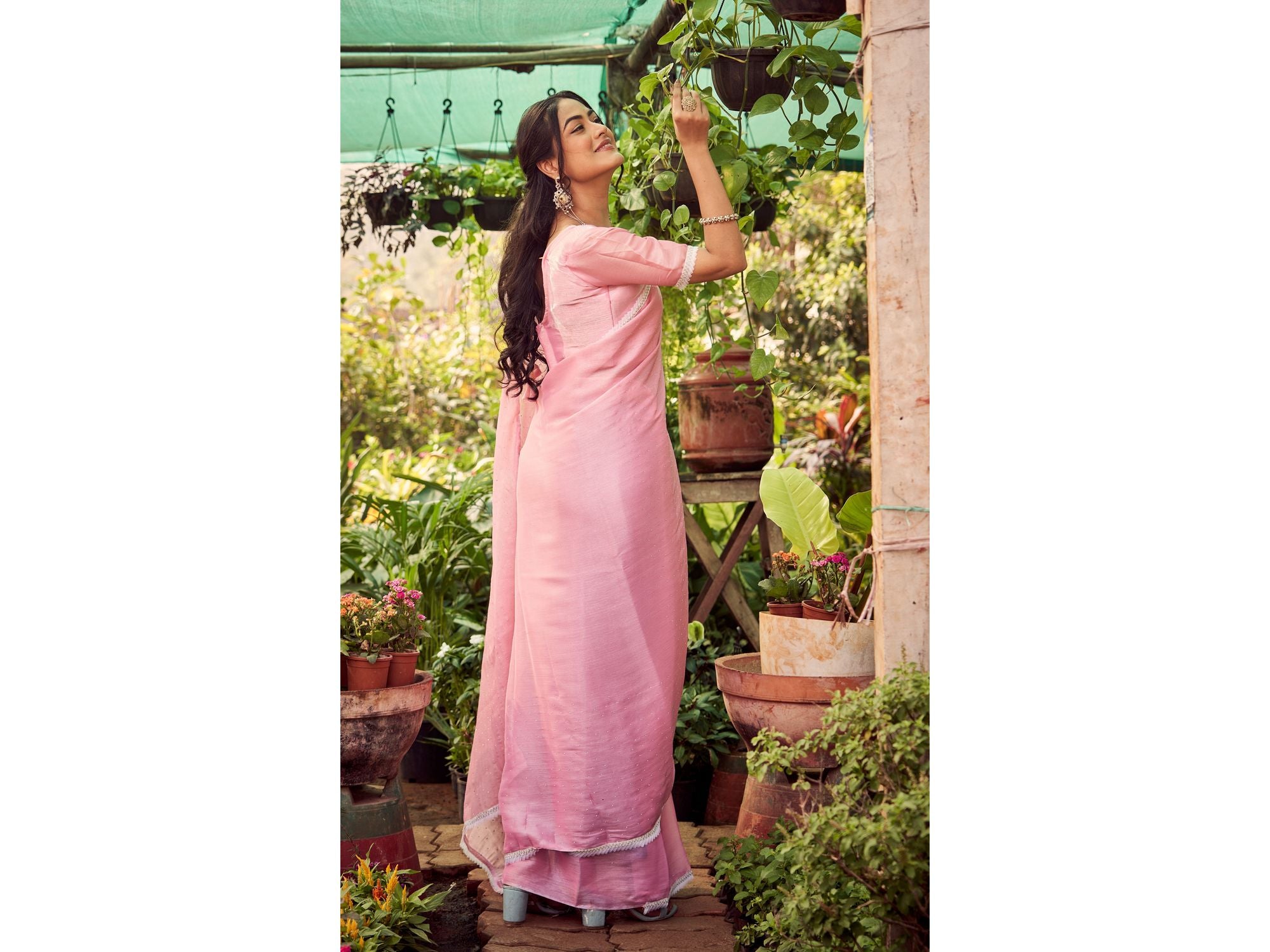 Blush Pink Grace Chiffon Saree | Delicate Border & Blouse