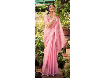 Blush Pink Grace Chiffon Saree | Delicate Border & Blouse